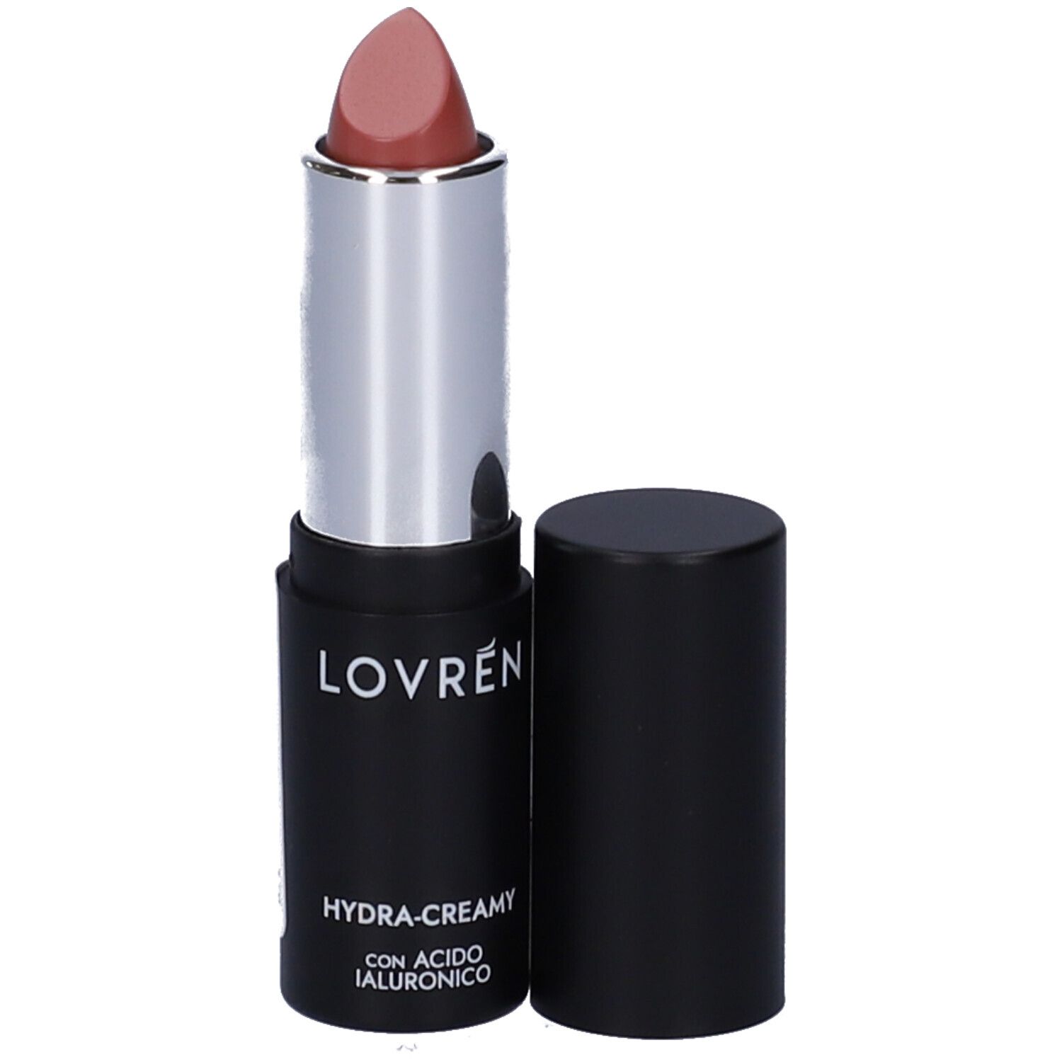 Rouge à lèvres nude dans un étui noir et argenté. Le nom "LOVREN" est visible sur l'étui.