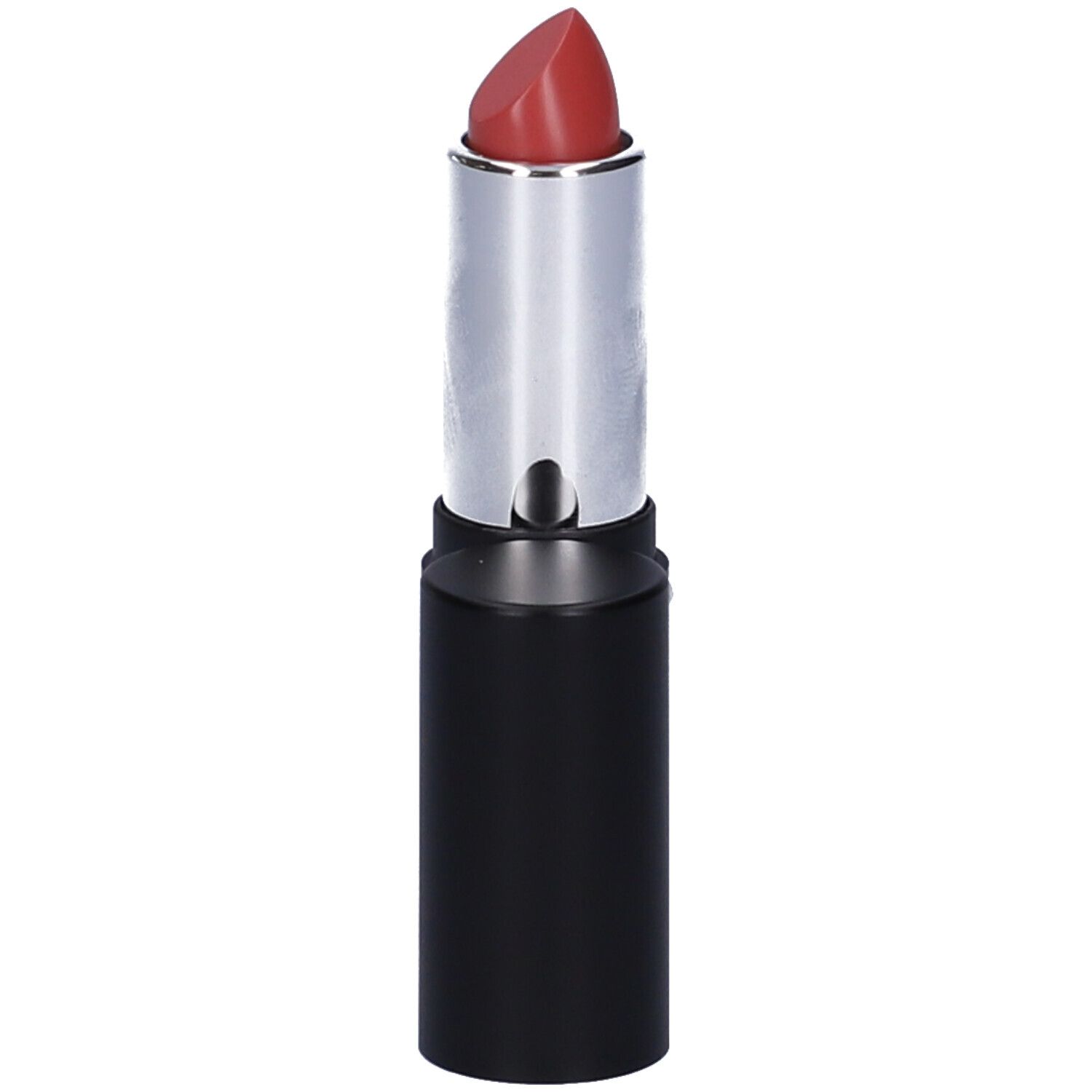 Un rouge à lèvres rouge dans un tube noir et argenté.