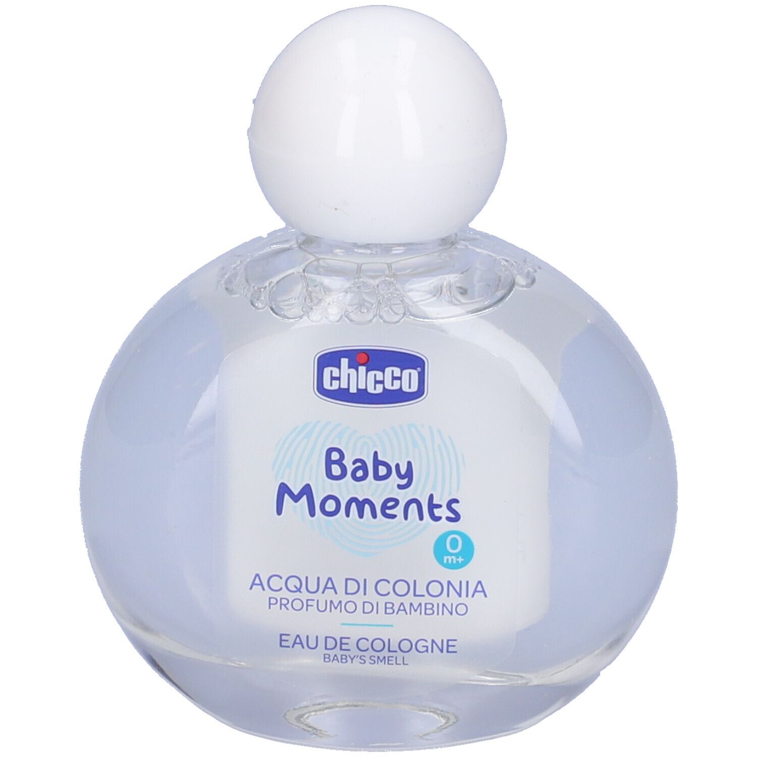 Chicco Baby Moments Eau de Cologne. Flacon rond avec bouchon blanc. Inscription: Baby Moments, Eau de Cologne.