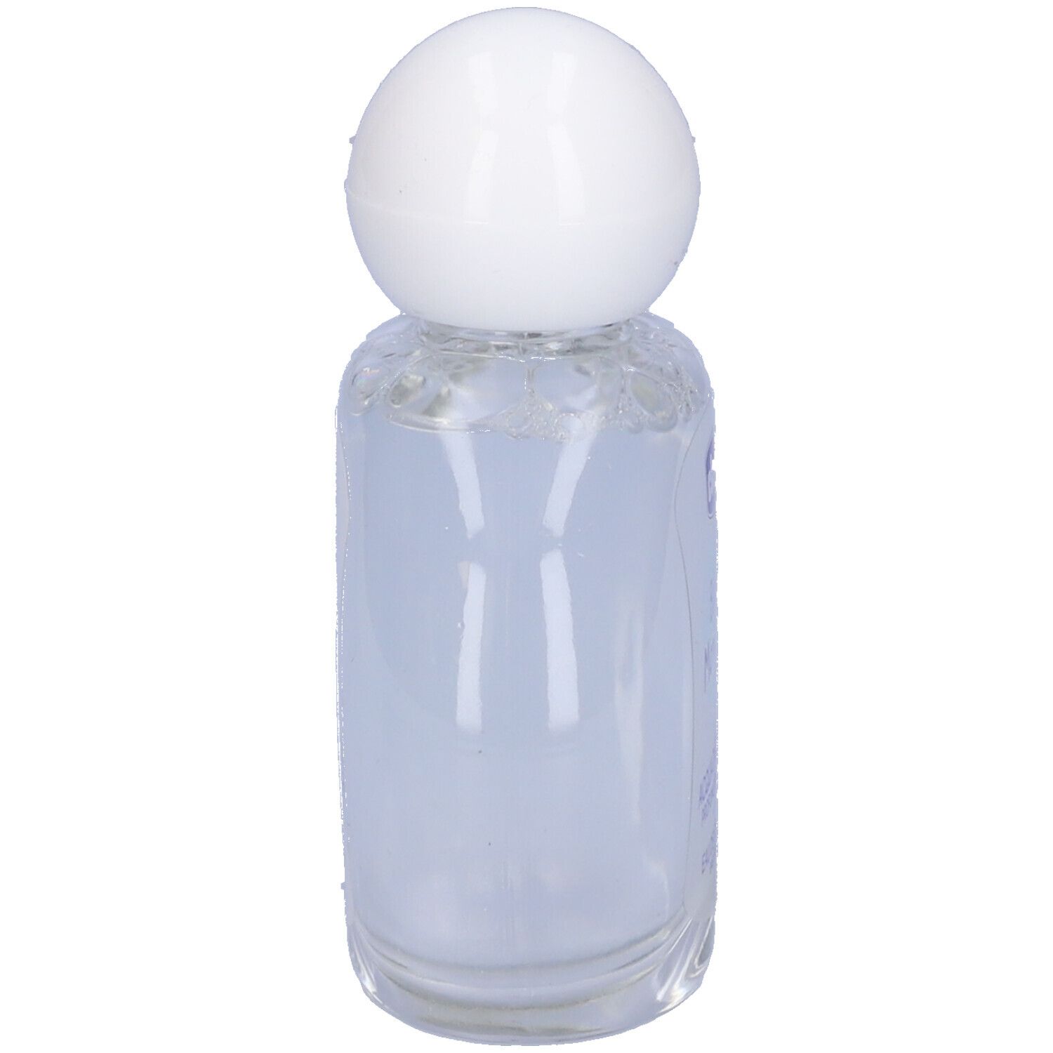 Chicco Baby Moments Eau de Cologne. Petit flacon rond avec bouchon blanc. Étiquette produit illisible.