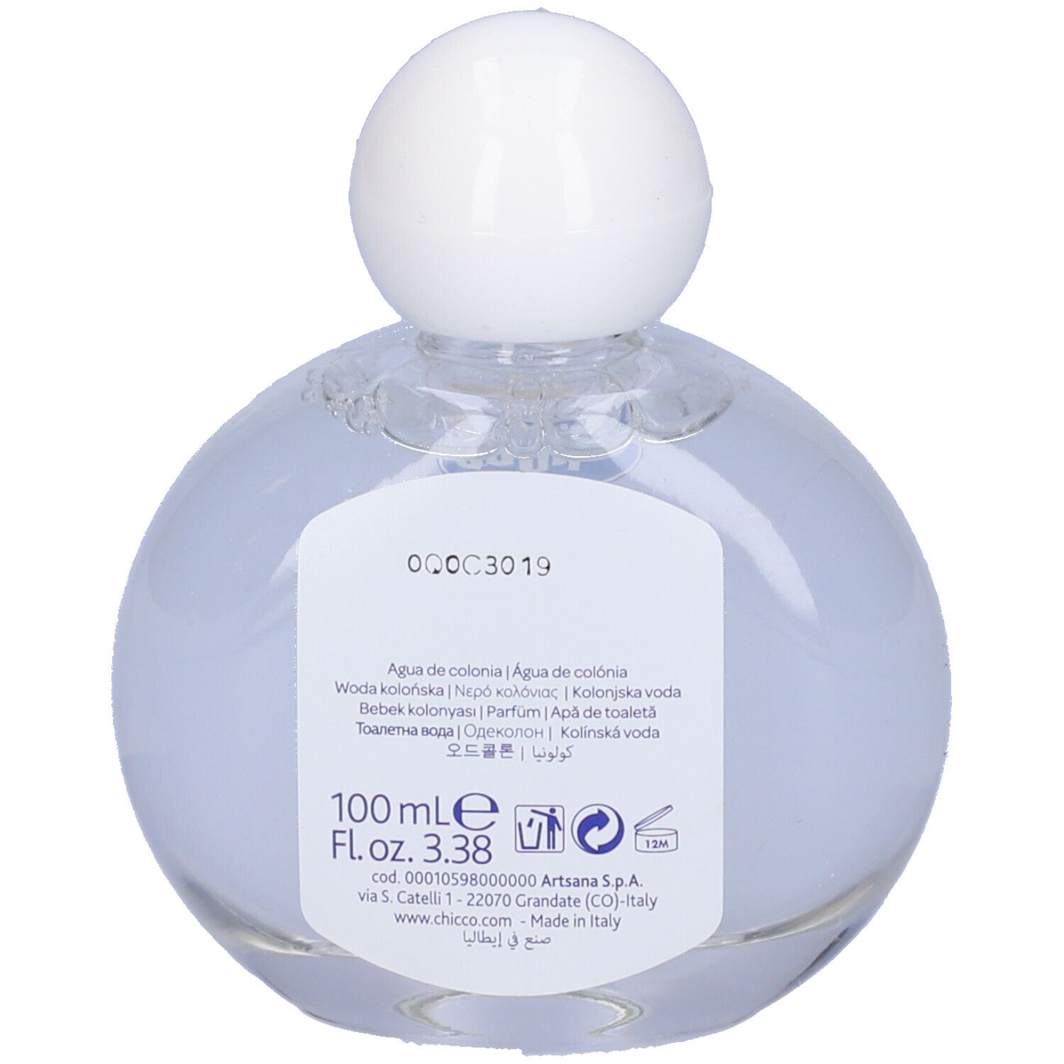 Chicco Baby Moments Eau de Cologne. Dos du flacon. Étiquette avec informations produit et fabricant.