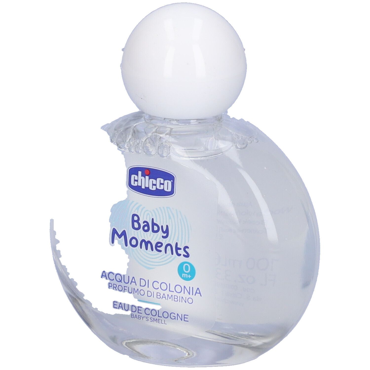 Chicco Baby Moments Eau de Cologne. Flacon rond avec bouchon blanc. Étiquette partiellement endommagée.