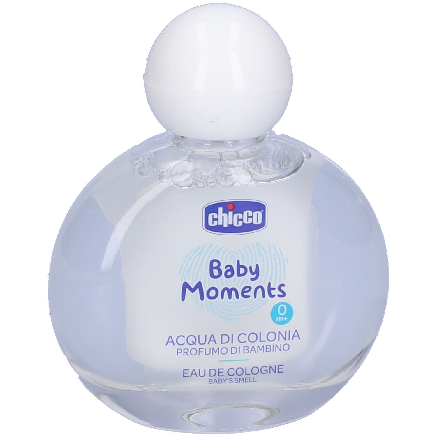 Chicco Baby Moments Eau de Cologne. Flacon rond avec bouchon blanc. Inscription: Baby Moments, Eau de Cologne.
