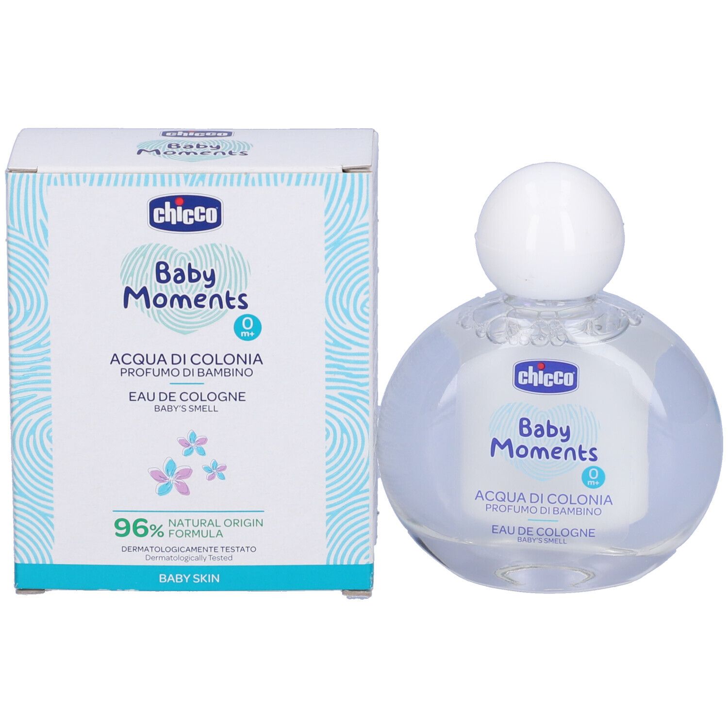 Chicco Baby Moments Eau de Cologne. Flacon et emballage. Inscription: Baby Moments, Eau de Cologne, 96% Natural Origin.