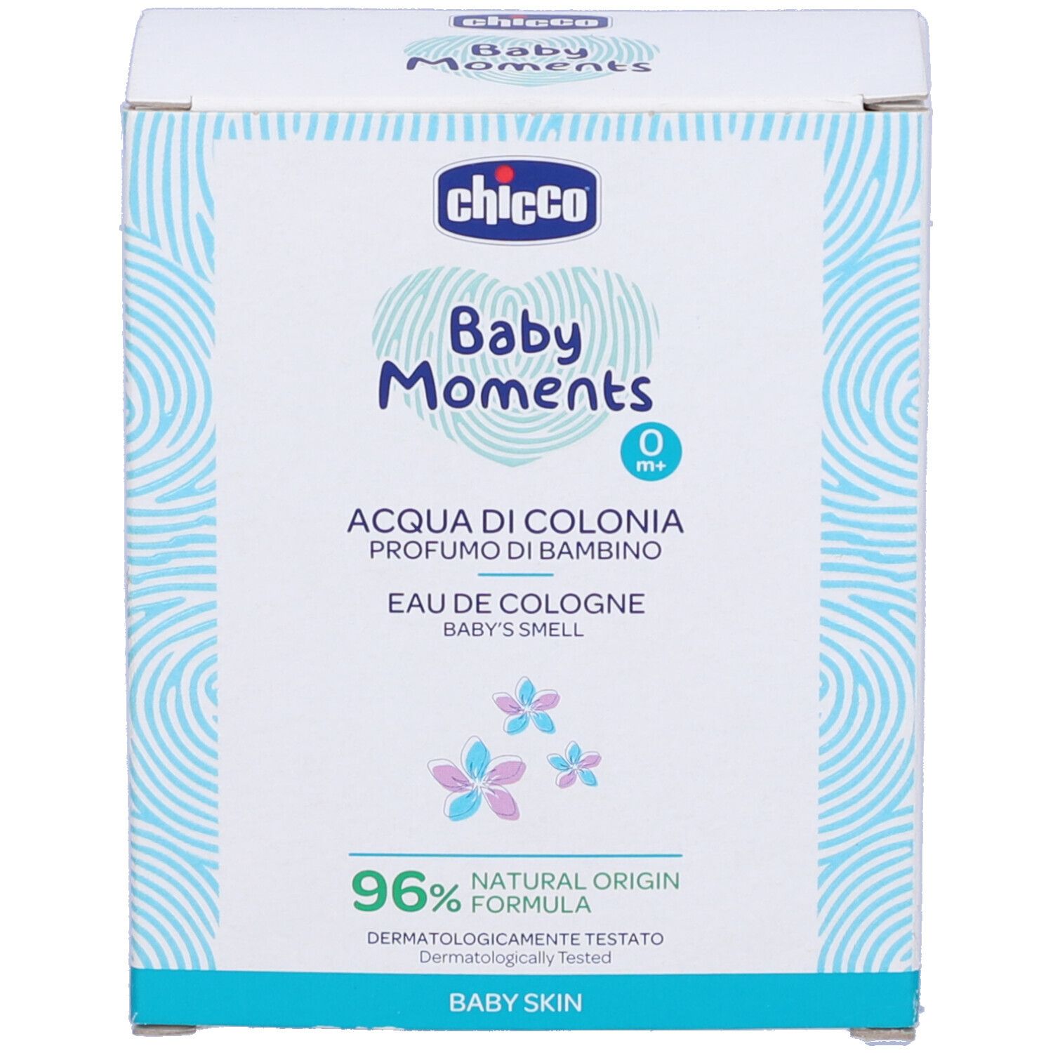 Chicco Baby Moments Eau de Cologne. Emballage. Inscription: Baby Moments, Eau de Cologne, 96% Natural Origin.
