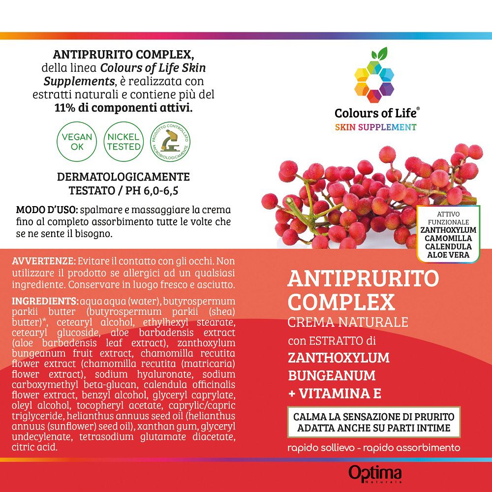 Arrière de l'emballage de la crème Colours of Life Juckreiz-Komplex avec ingrédients et utilisation.