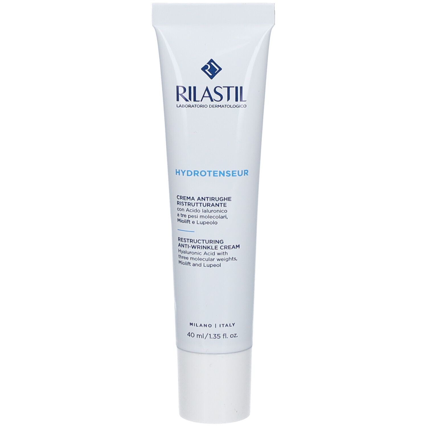 Tube blanc avec texte bleu. Rilastil Hydrotenseur Crème anti-rides restructurante. 40 ml.