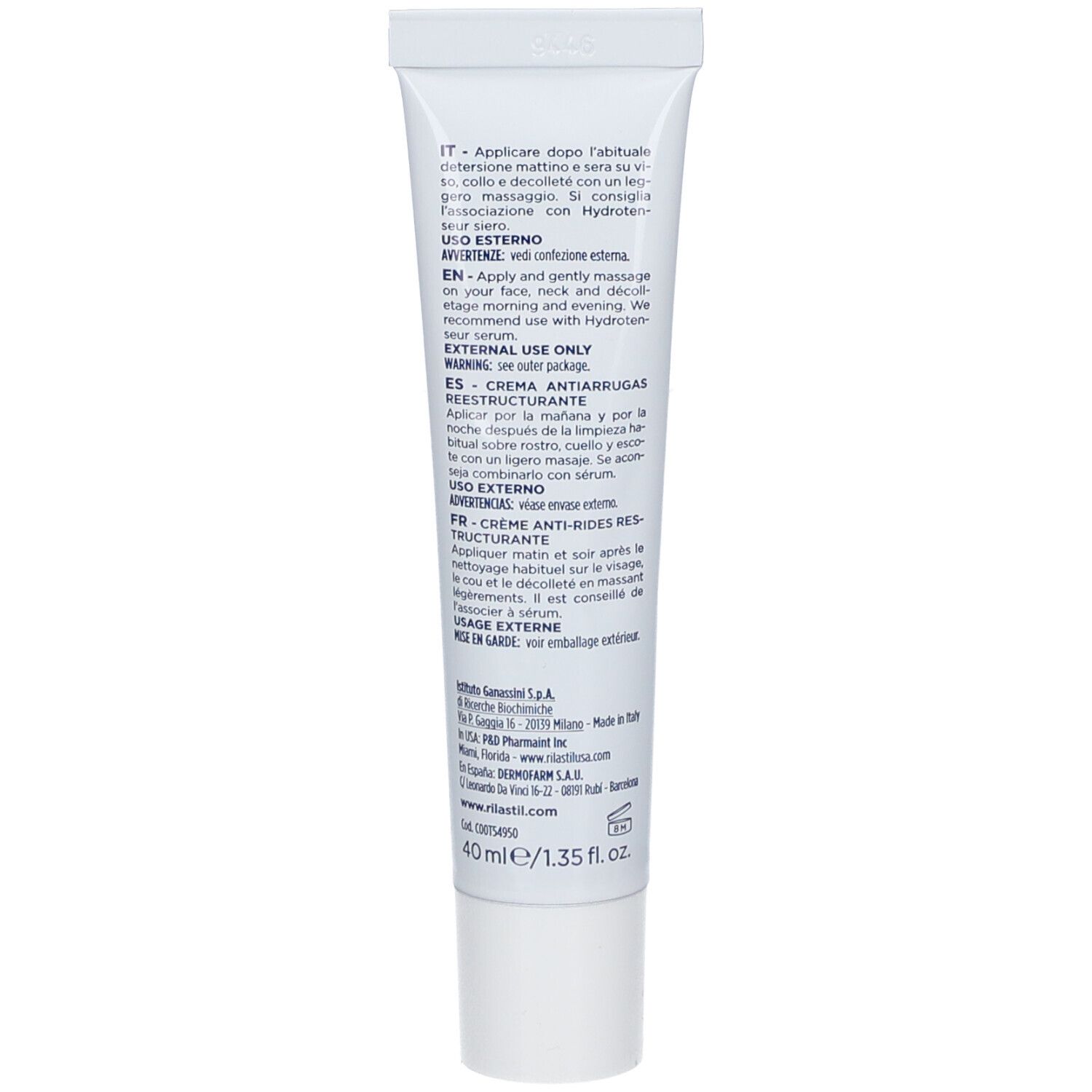 Dos du tube. Texte multilingue. 40 ml/1.35 fl. oz. Logo Rilastil.