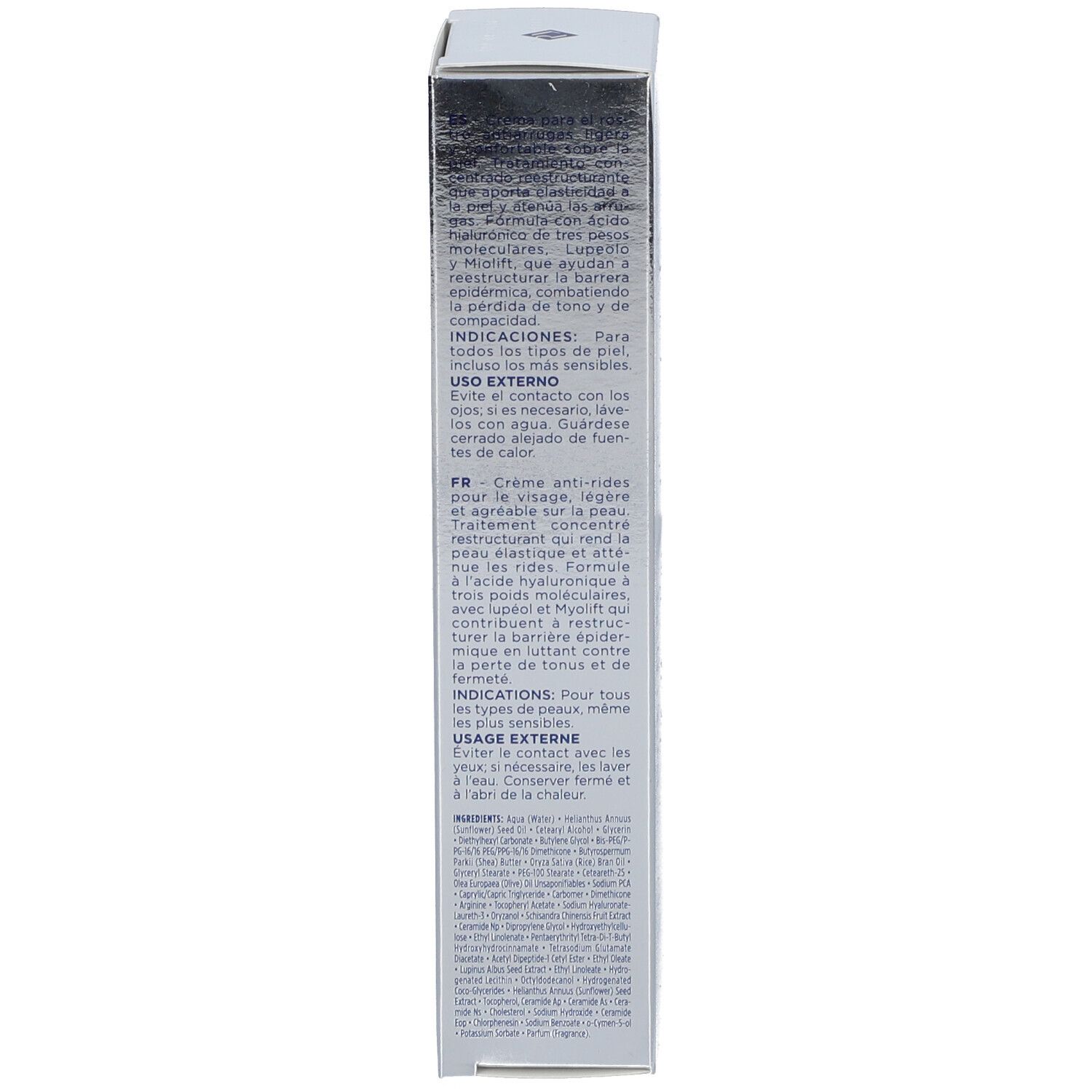 Boîte. Texte multilingue. Rilastil Hydrotenseur. 40 ml. Mode d'emploi.
