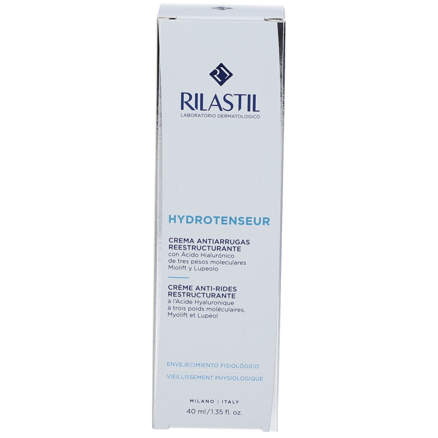 Boîte. Rilastil Hydrotenseur Crème anti-rides restructurante. 40 ml. Texte multilingue.