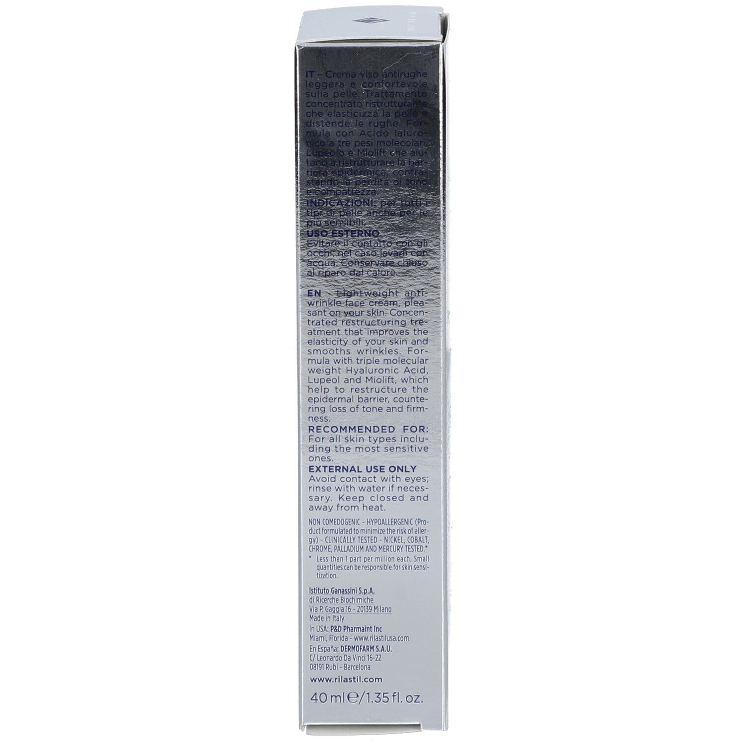Boîte. Texte multilingue. Rilastil Hydrotenseur. 40 ml. Mode d'emploi.