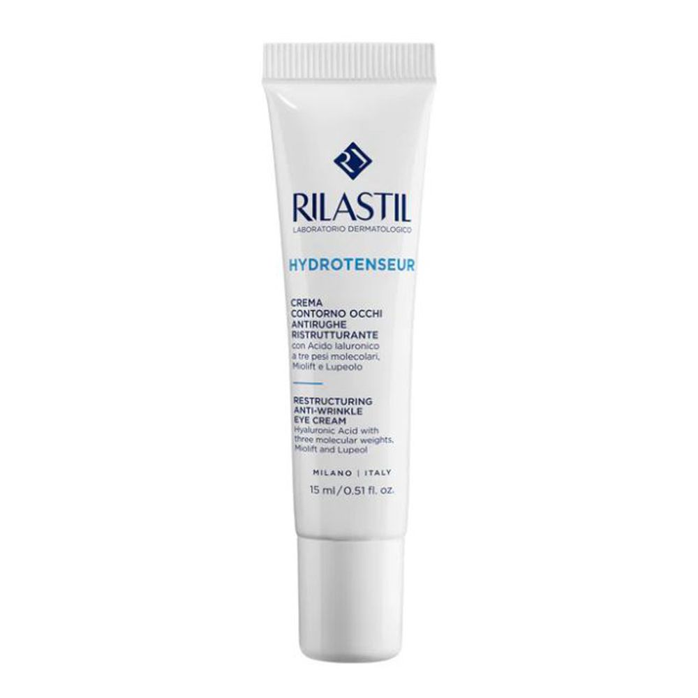 Tube blanche avec texte bleu. Inscription: RILASTIL, HYDROTENSEUR, crème contour des yeux. 15 ml.