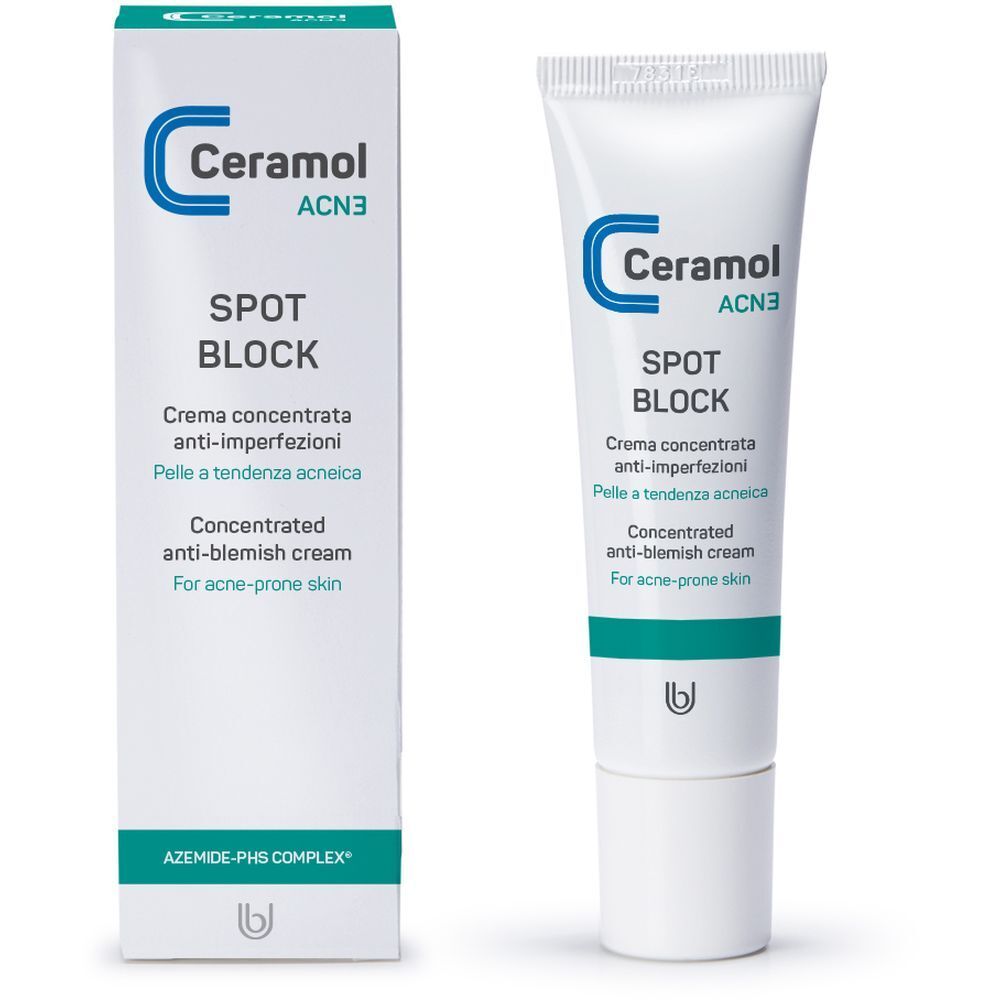 Crème et emballage. Inscription : Ceramol AC3 Spot Block. Crème concentrée anti-imperfections. Peaux à tendance acnéique.