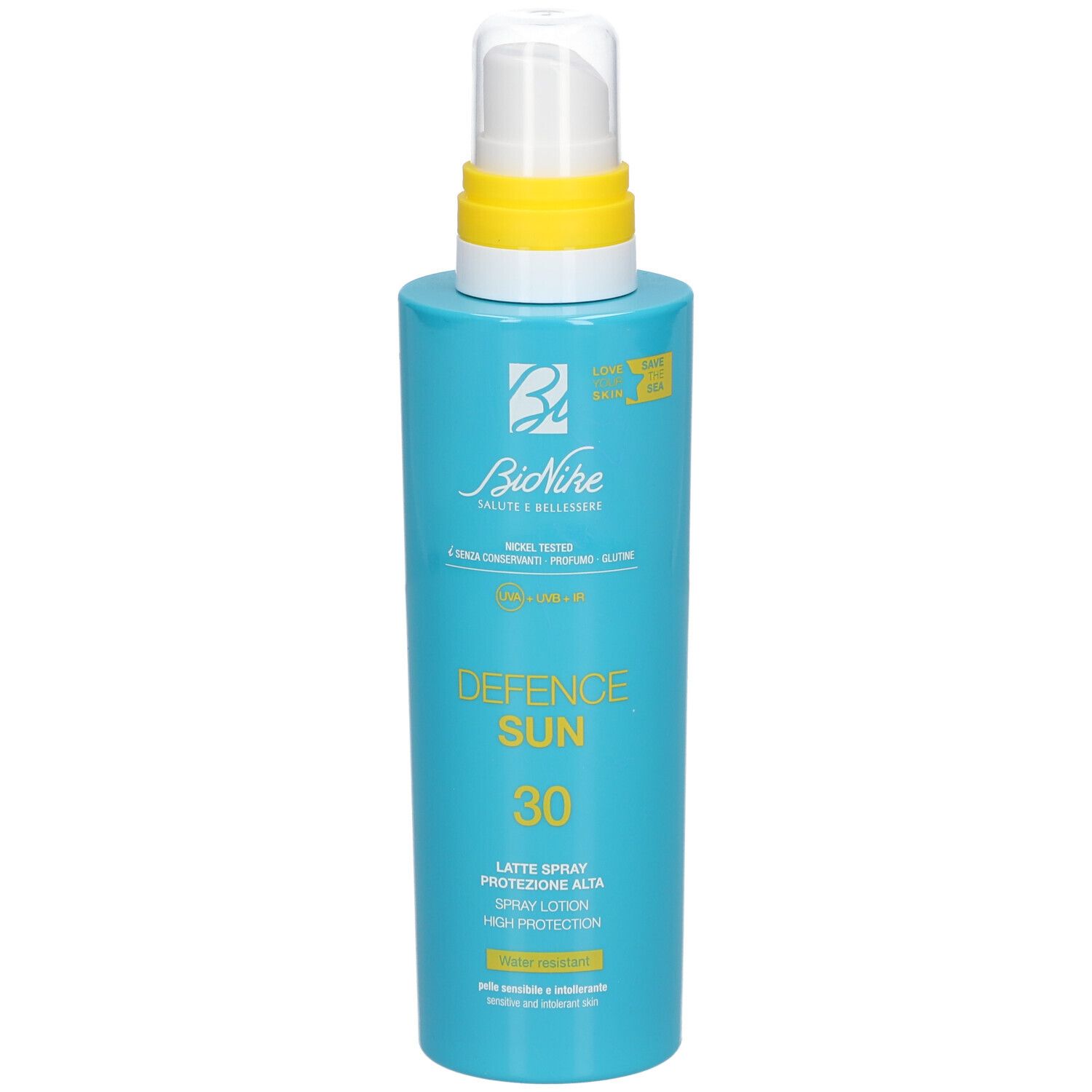 Flacon bleu turquoise avec vaporisateur blanc et anneau jaune. Inscription : Defence Sun 30, Latte Spray, Bionike.