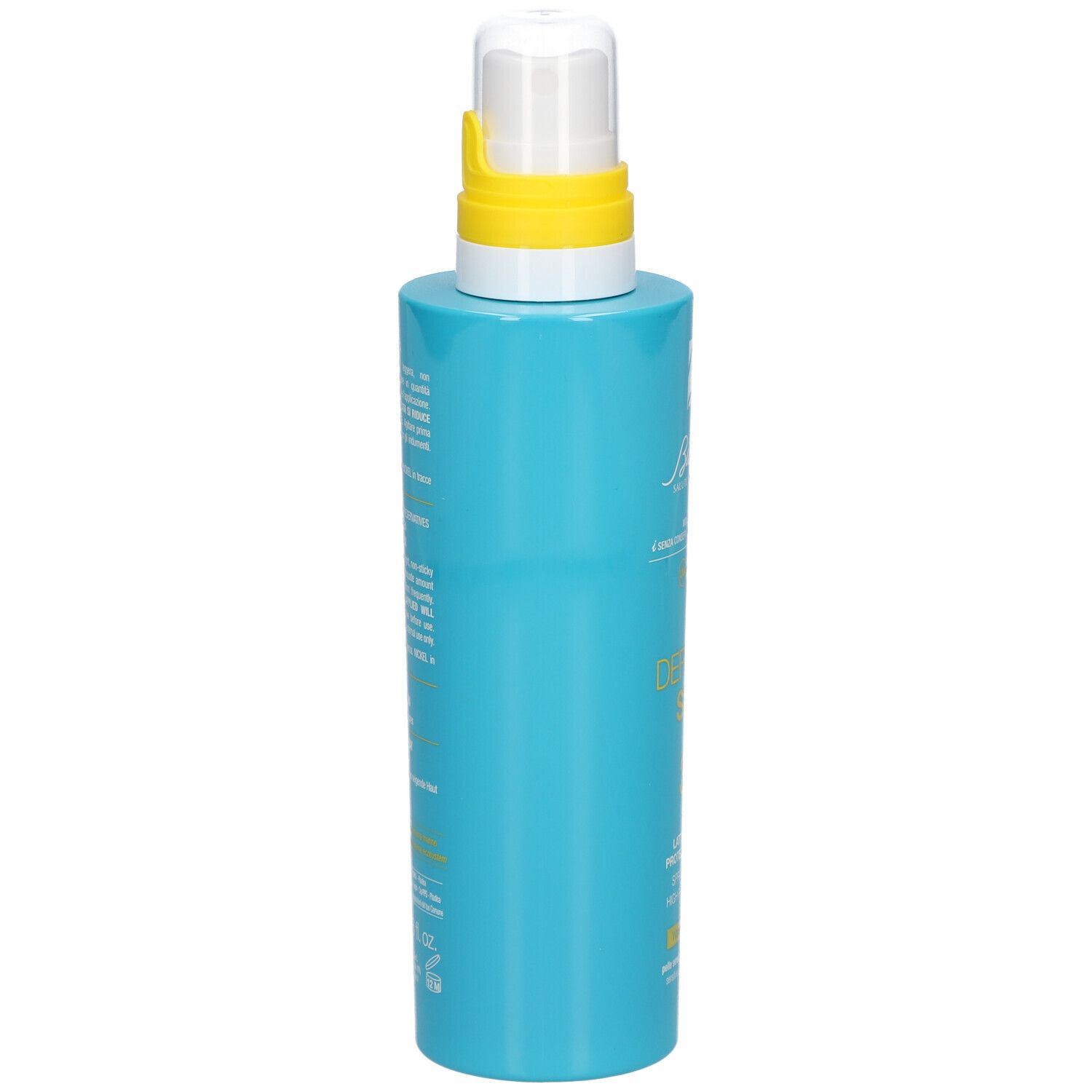 Flacon bleu turquoise avec vaporisateur blanc et anneau jaune. Inscription : Defence Sun 30, Bionike.
