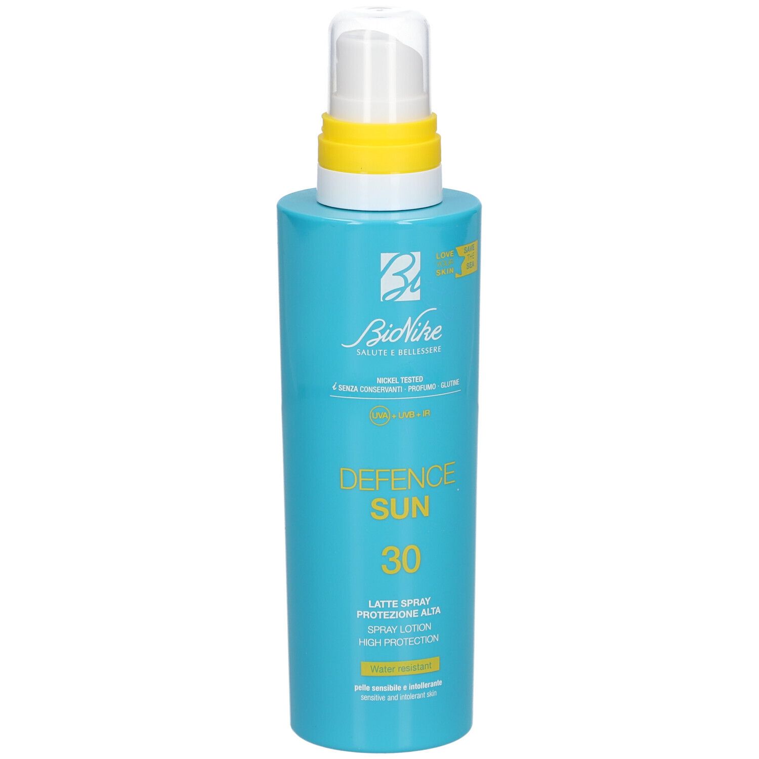 Flacon bleu turquoise avec vaporisateur blanc et anneau jaune. Inscription : Defence Sun 30, Latte Spray, Bionike.