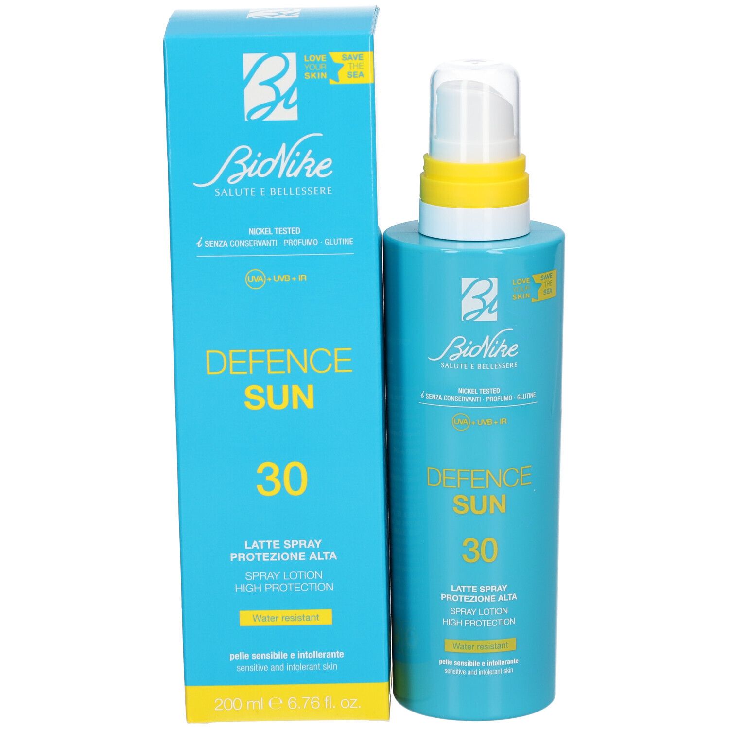 Flacon bleu turquoise et carton. Inscription : Defence Sun 30, Latte Spray, Bionike. 200 ml.