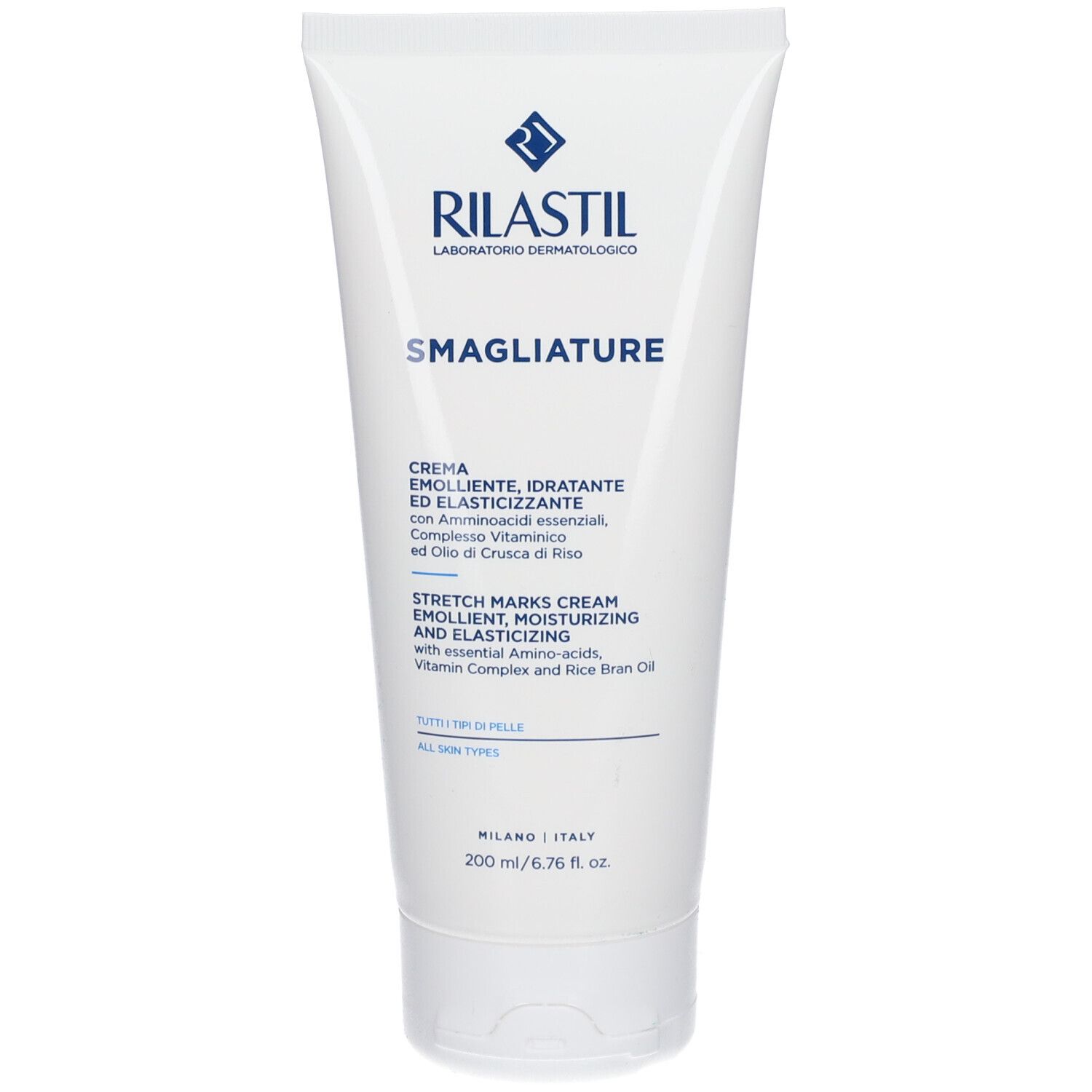 Tube blanc Rilastil. Texte bleu: Smagliature, Crème, Stretch Marks Cream. Ingrédients et informations en italien et anglais.