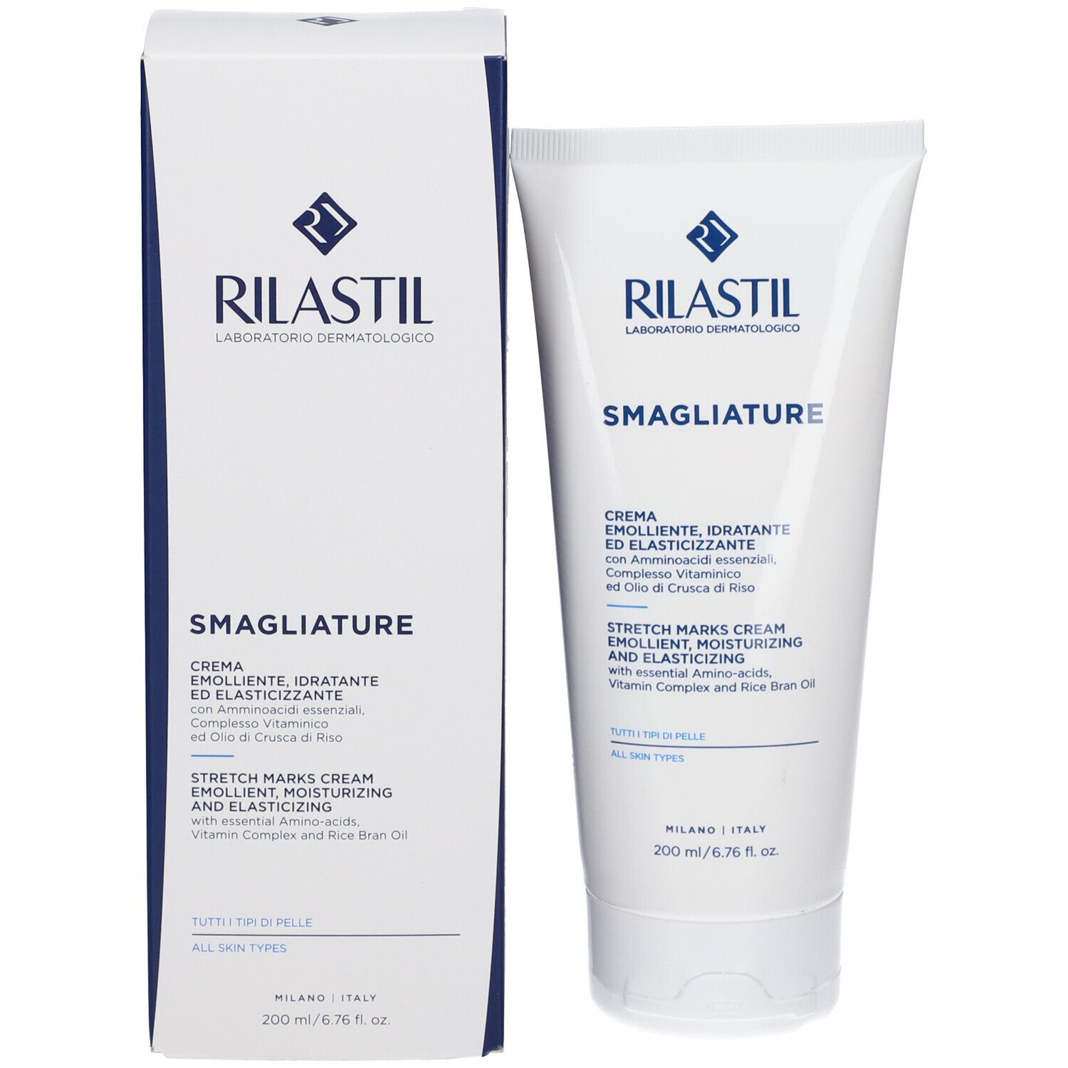 Rilastil crème anti-vergetures. Tube et boîte. Sur la boîte et le tube, le mot Smagliature est visible.