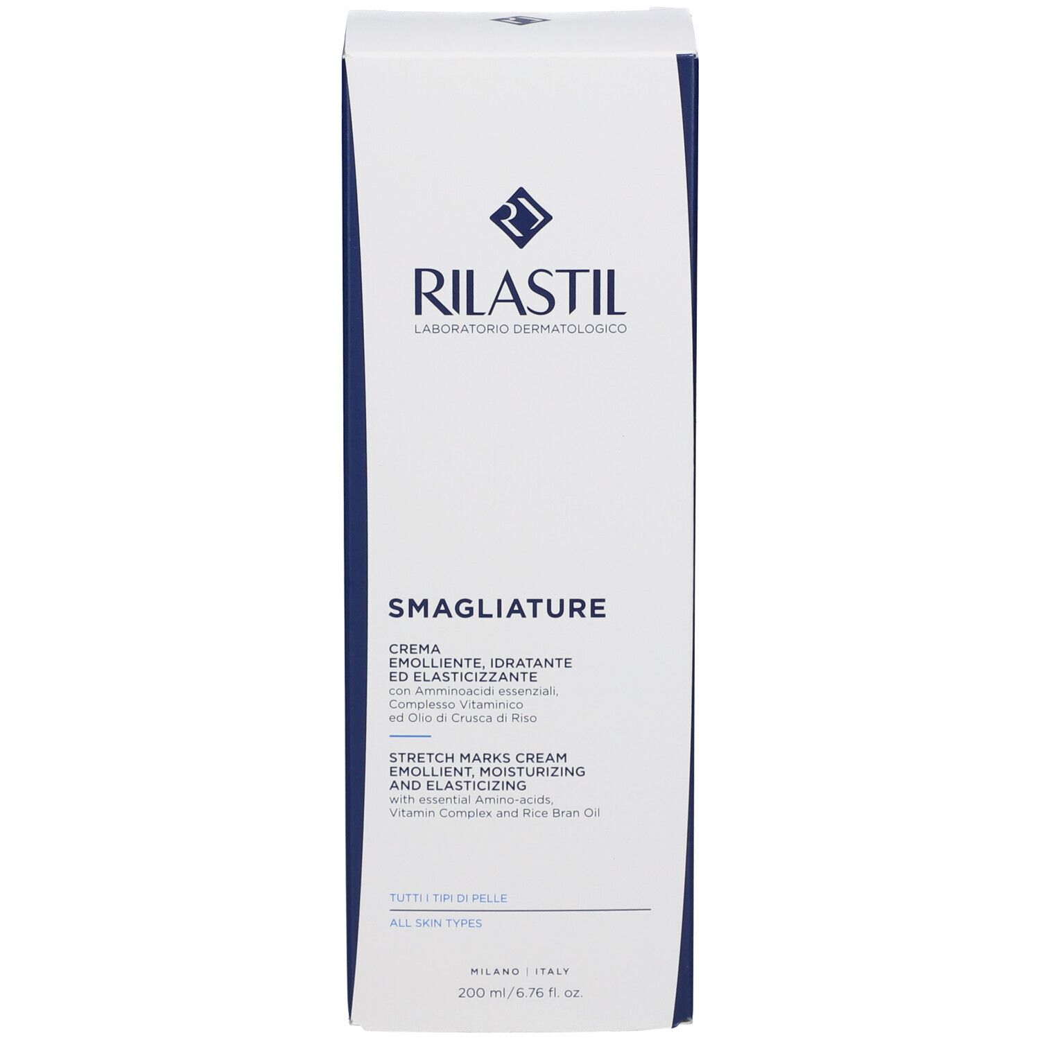 Boîte blanche Rilastil. Texte bleu: Smagliature, Crème, Stretch Marks Cream. Ingrédients et informations.