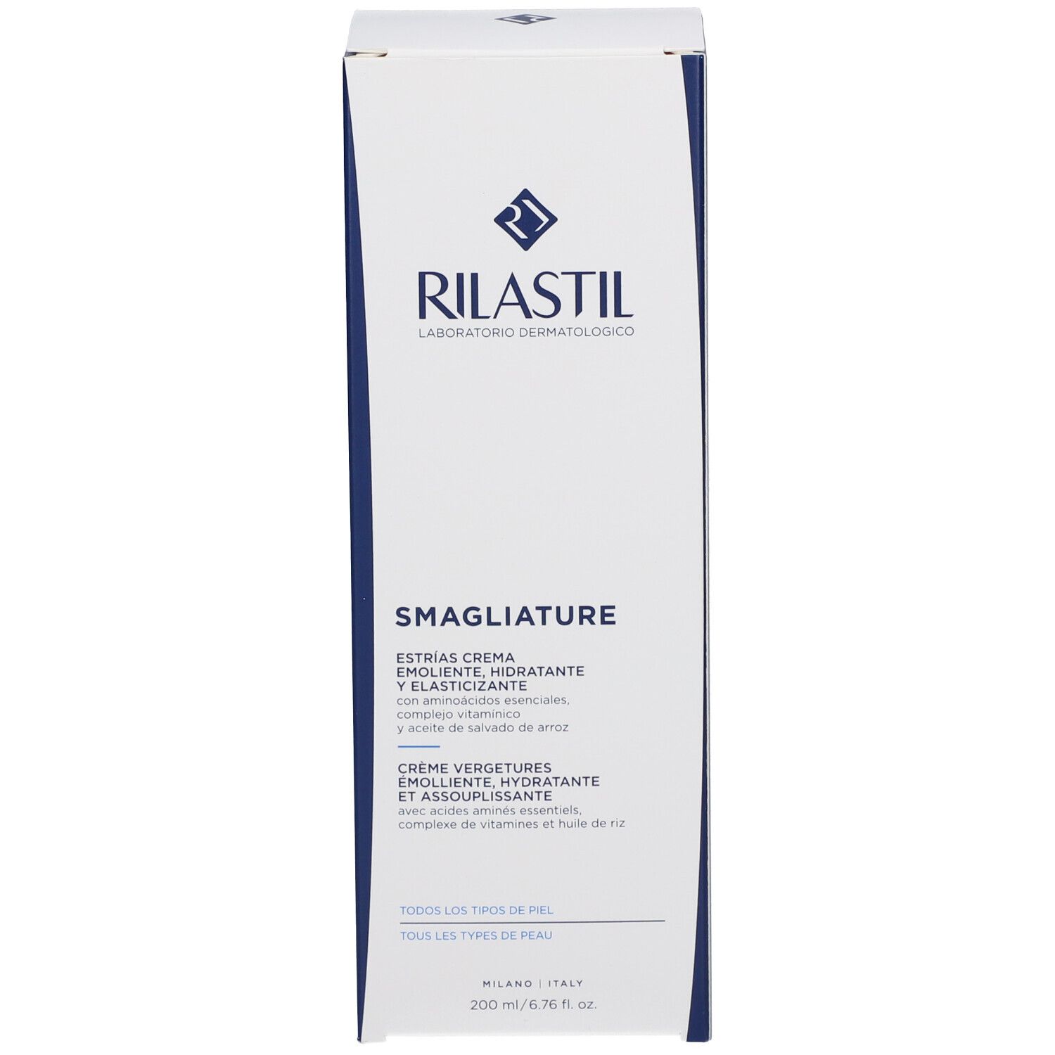 Boîte blanche Rilastil. Texte bleu: Smagliature, Crème, Stretch Marks Cream. Ingrédients et informations.
