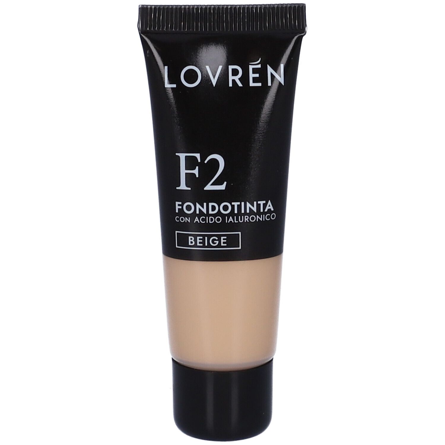 Tube de fond de teint beige. Bouchon noir, texte blanc: Lovrén, F2, Fondotinta, Beige. Identification du produit.