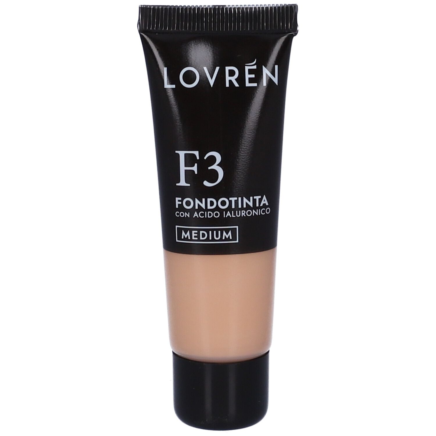 Tube noire "Lovren". "F3 Fondotinta Medium" et couleur du produit visibles.