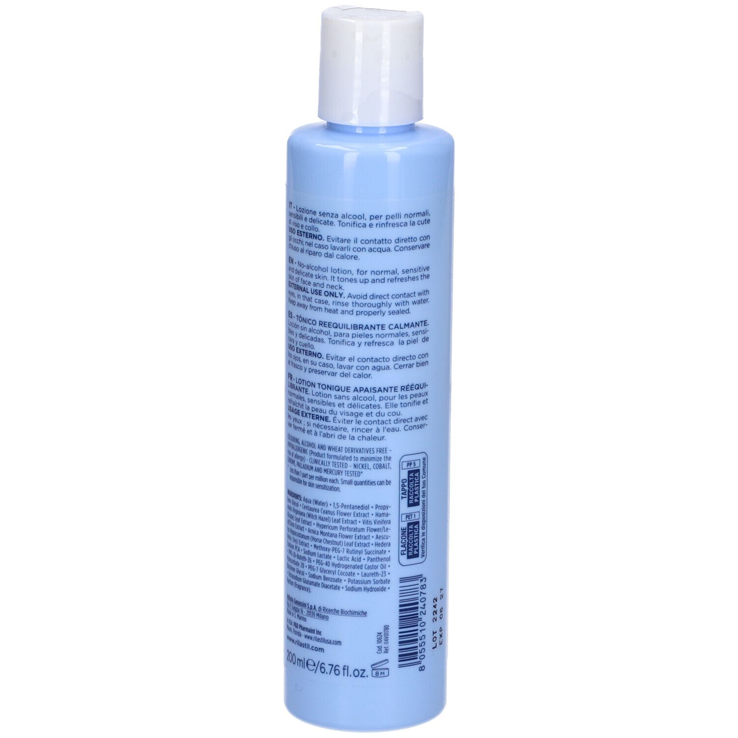 Flacon bleu clair, dos avec texte. Ingrédients et instructions d'utilisation.