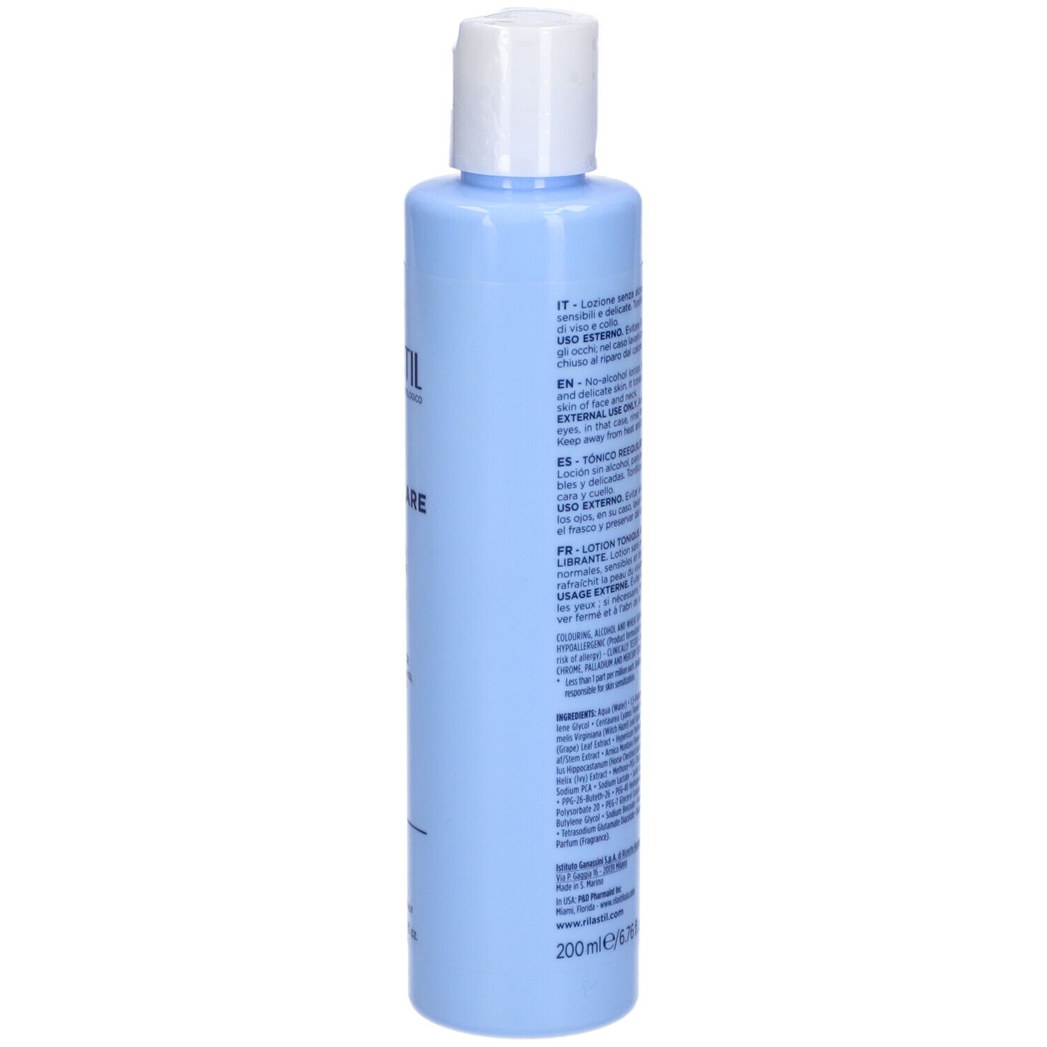 Flacon bleu clair, vue latérale avec texte. Inscription: RILASTIL, 200 ml.