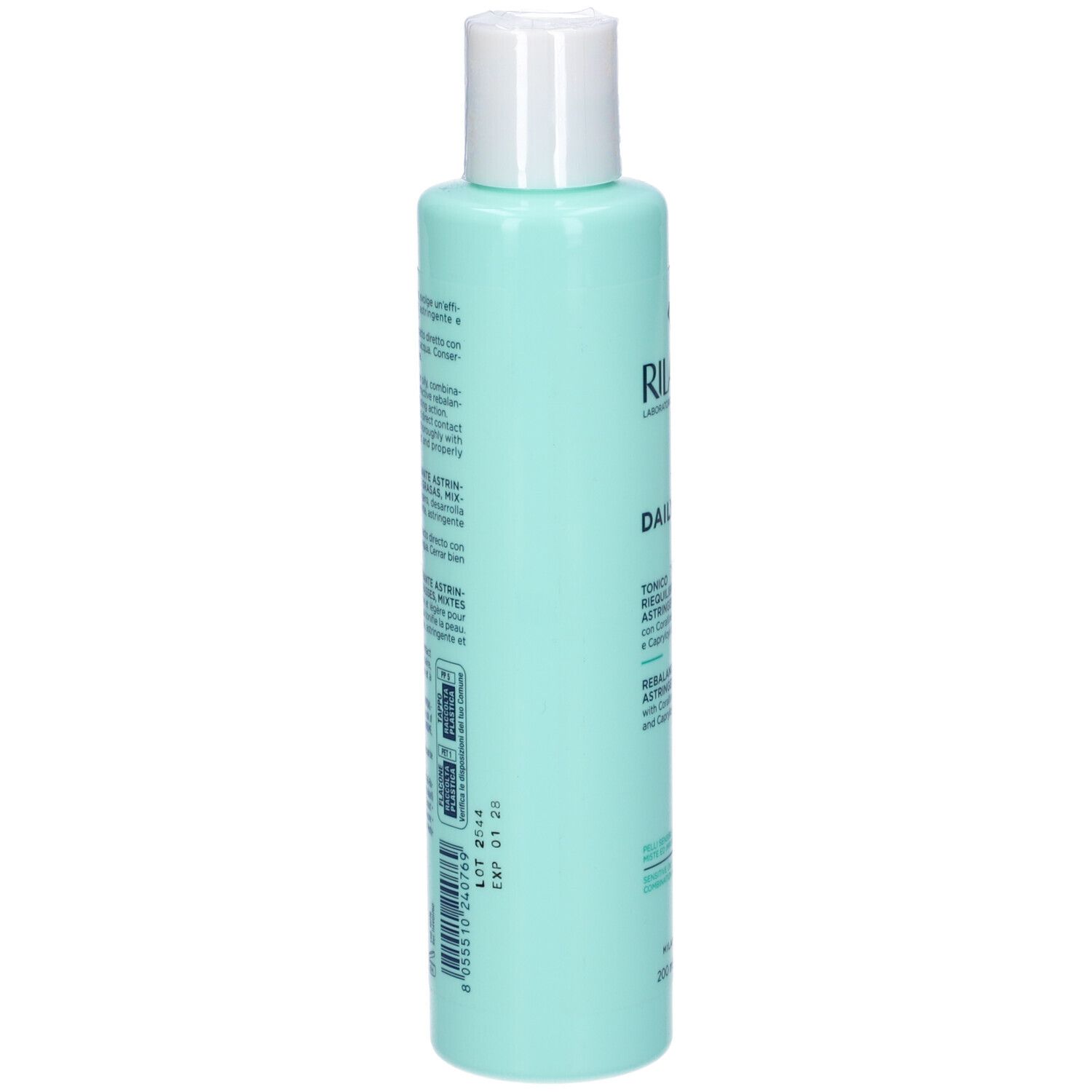 Vue arrière d'un flacon turquoise avec bouchon blanc. Texte et code-barres sur l'étiquette.