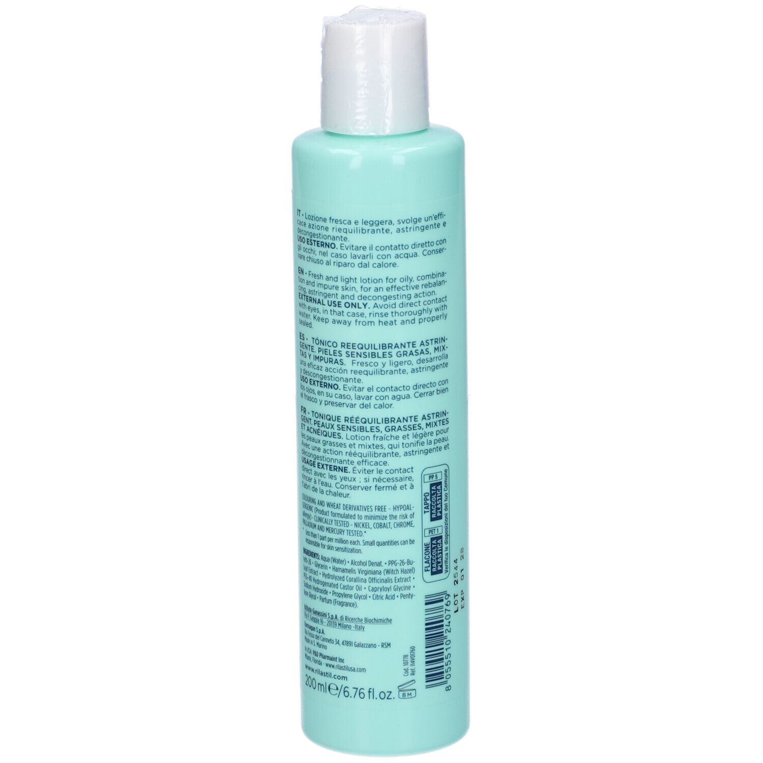 Vue arrière d'un flacon turquoise avec bouchon blanc. Texte multilingue sur l'étiquette.
