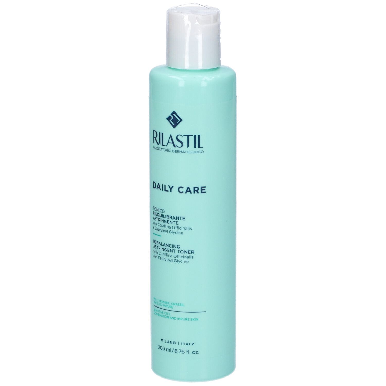 Flacon turquoise et bouchon blanc. Inscriptions: Rilastil, Daily Care, Tonico Requilibrante, Rebalancing Astringent Toner.