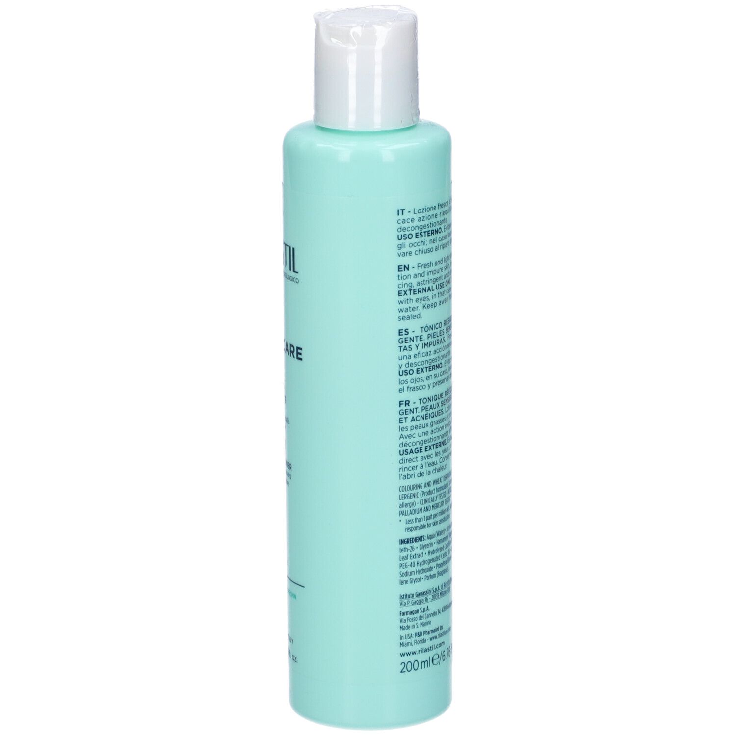 Vue arrière d'un flacon turquoise avec bouchon blanc. Texte multilingue sur l'étiquette.
