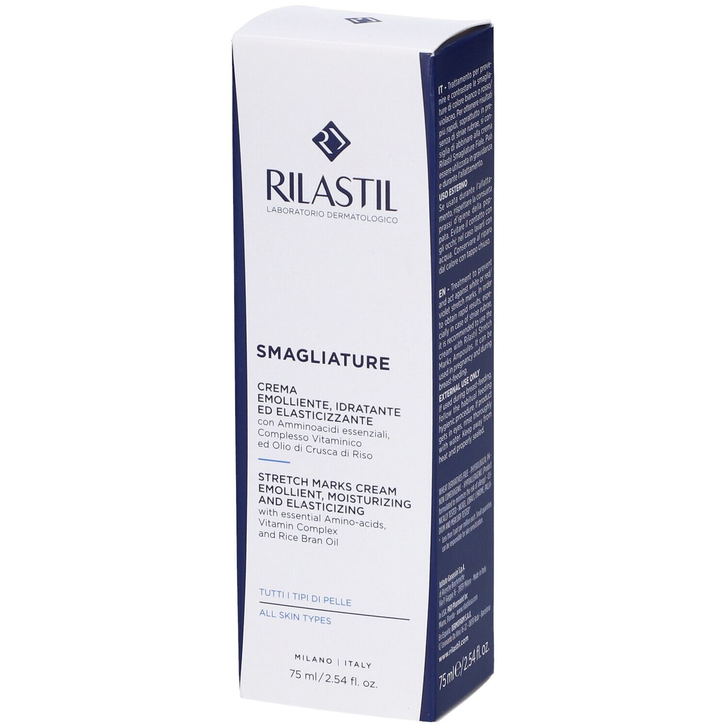 Emballage Rilastil®. Blanc et bleu. Crème vergetures. Ingrédients et informations. 75 ml.