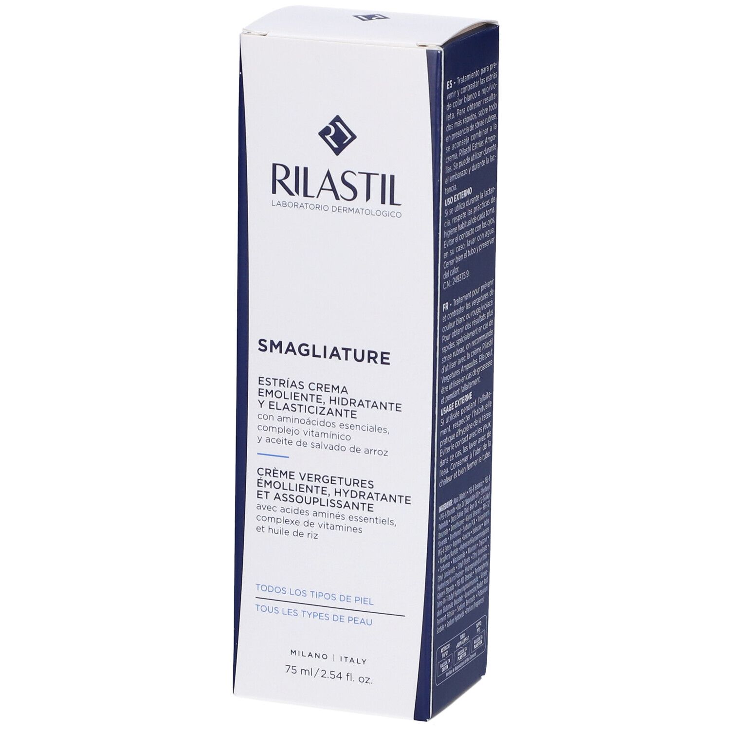 Emballage Rilastil® pour vergetures. Boîte blanche et bleue. Ingrédients et informations.