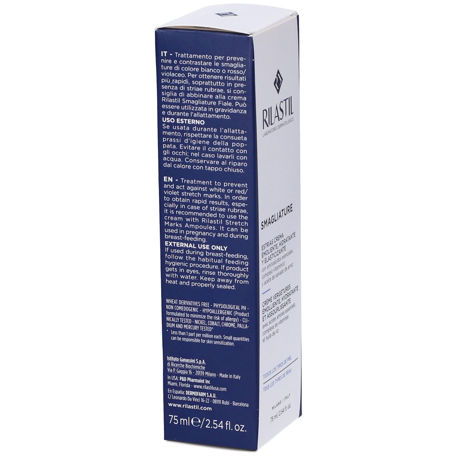 Emballage Rilastil® pour vergetures. Boîte blanche et bleue. Informations d'utilisation.