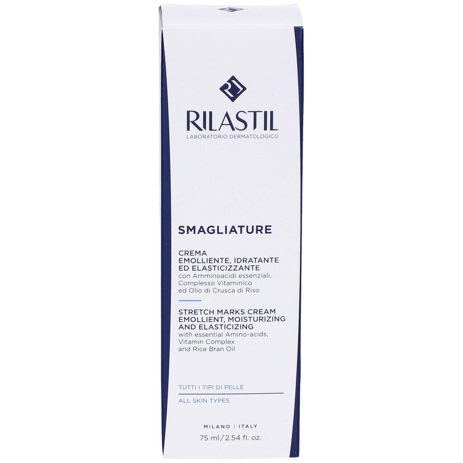 Emballage Rilastil® pour vergetures. Boîte blanche et bleue. Ingrédients et informations.