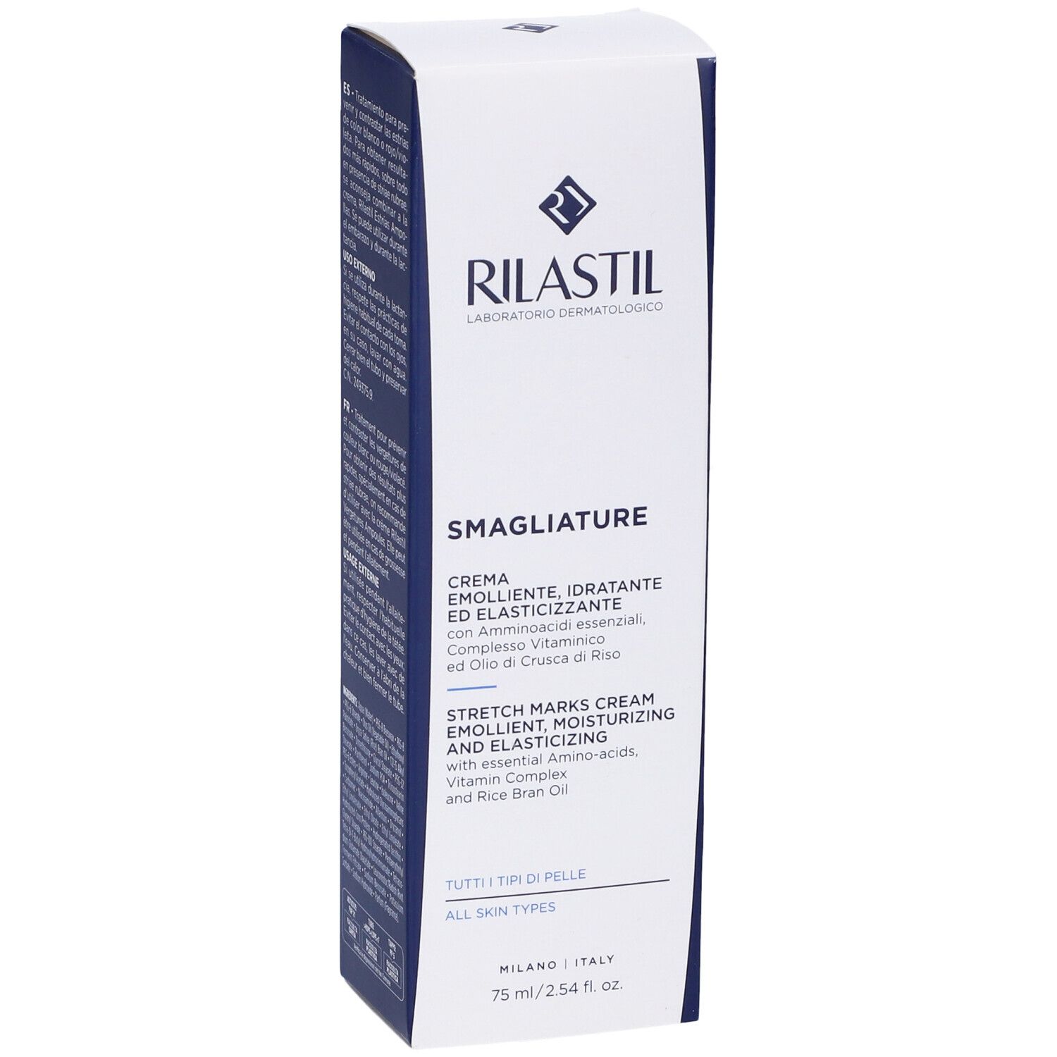 Emballage Rilastil® pour vergetures. Boîte blanche et bleue. Ingrédients et informations.