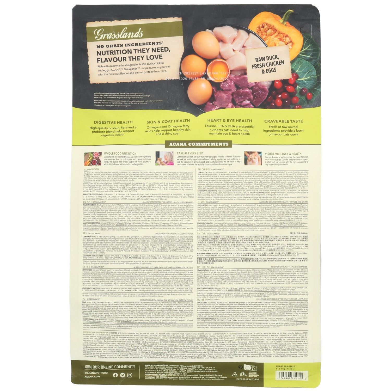 ACANA Grasslands nourriture pour chat verso : Ingrédients tels que canard, poulet, œuf, courge. Focus digestion, peau & pelage, cœur & yeux.