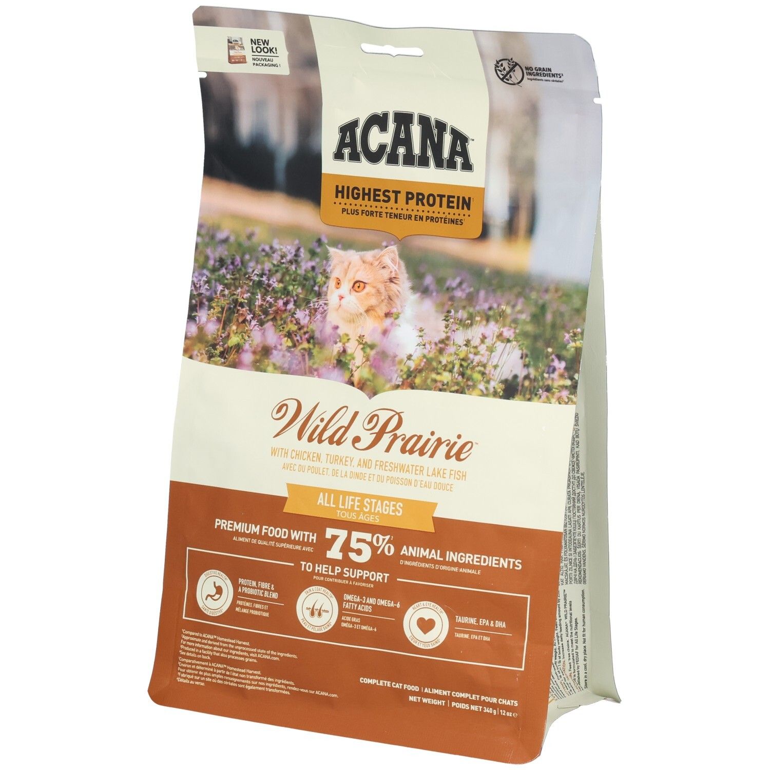 ACANA Wild Prairie nourriture pour chat : sac avec poulet, dinde et poisson d'eau douce, toutes étapes de vie.