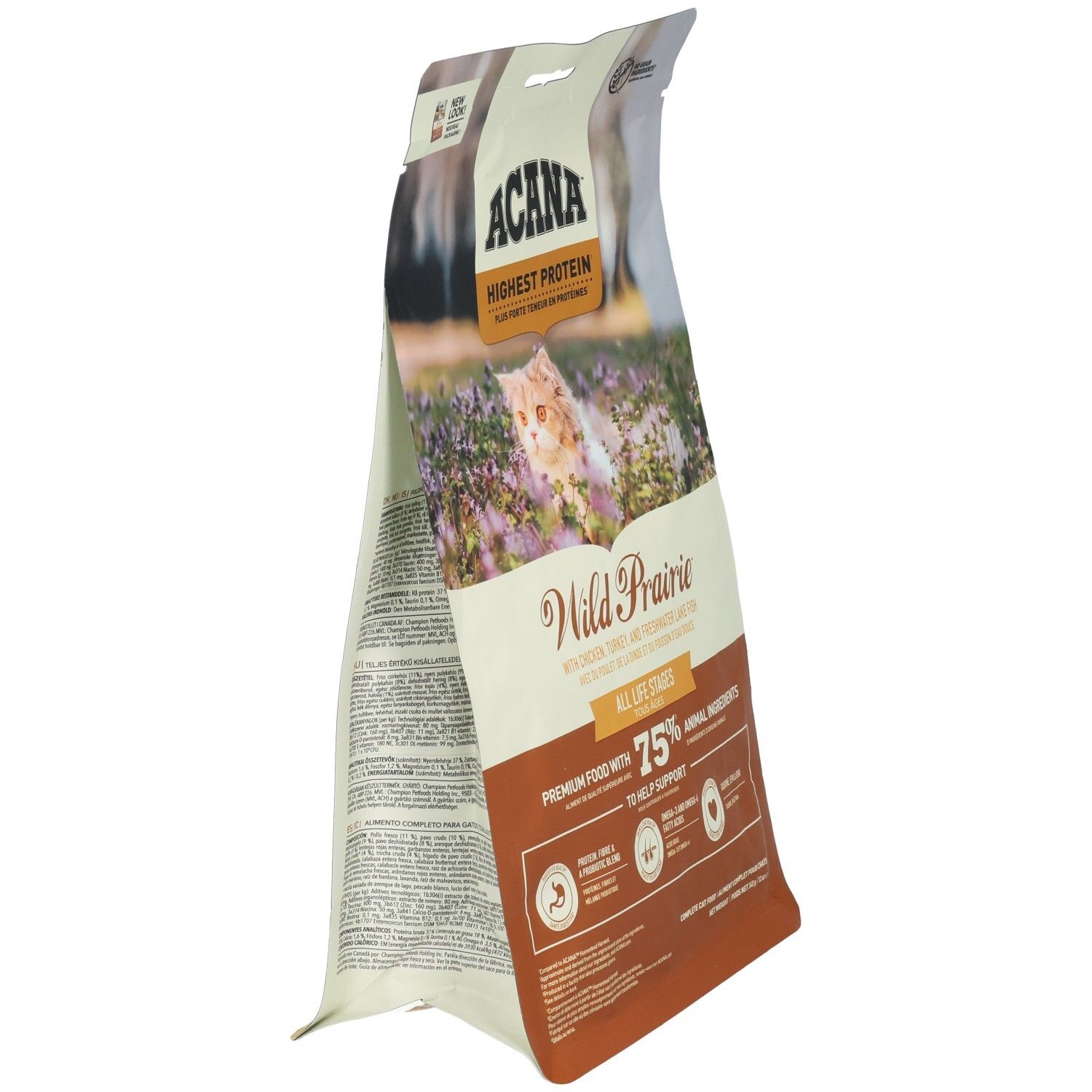 ACANA Wild Prairie nourriture pour chat : arrière du sac avec informations nutritionnelles et liste des ingrédients.