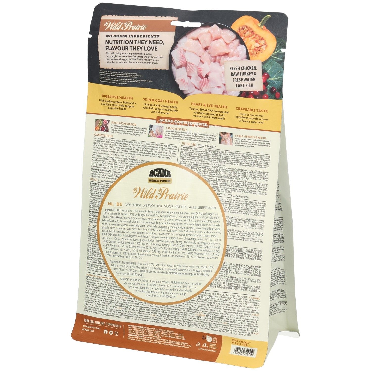 ACANA Wild Prairie nourriture pour chat : arrière du sac avec détails sur les ingrédients et les bienfaits.