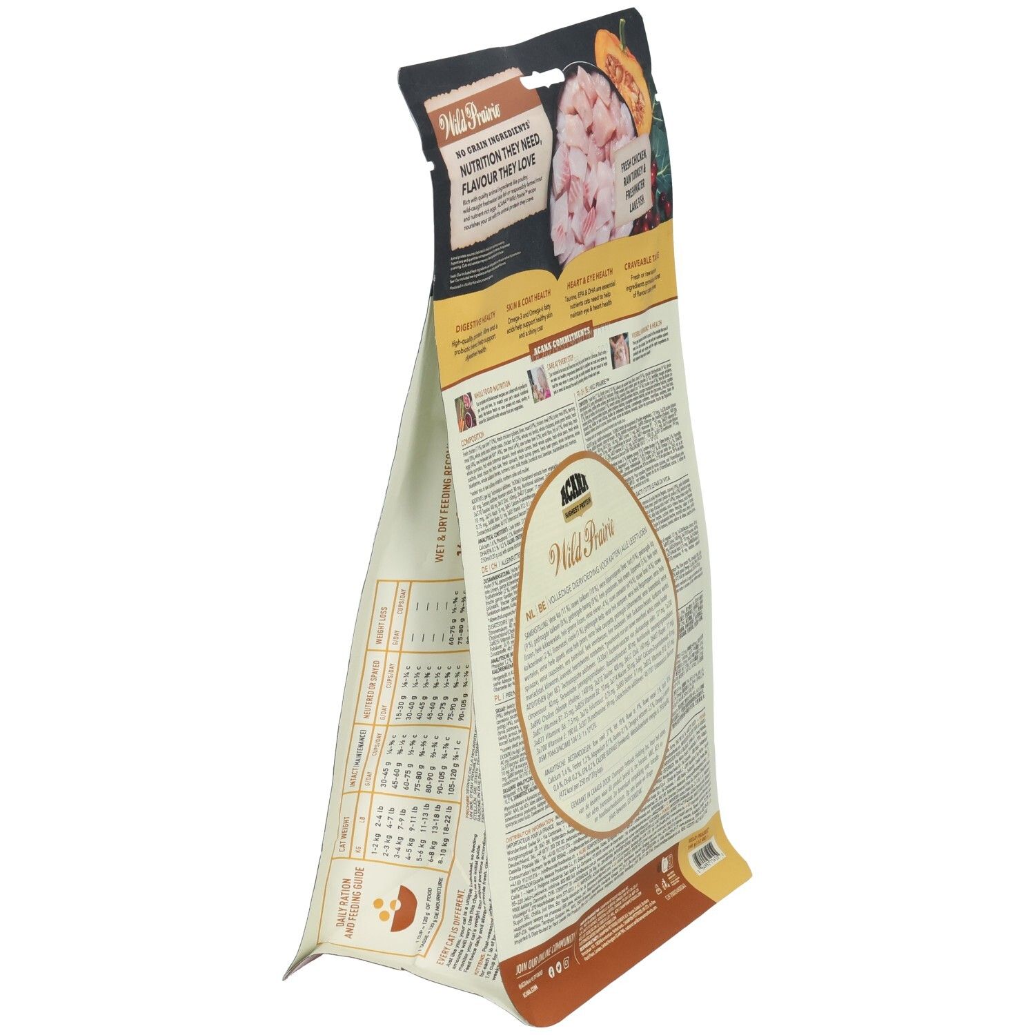 ACANA Wild Prairie nourriture pour chat : vue latérale du sac, montrant la forme et le design de l'emballage.