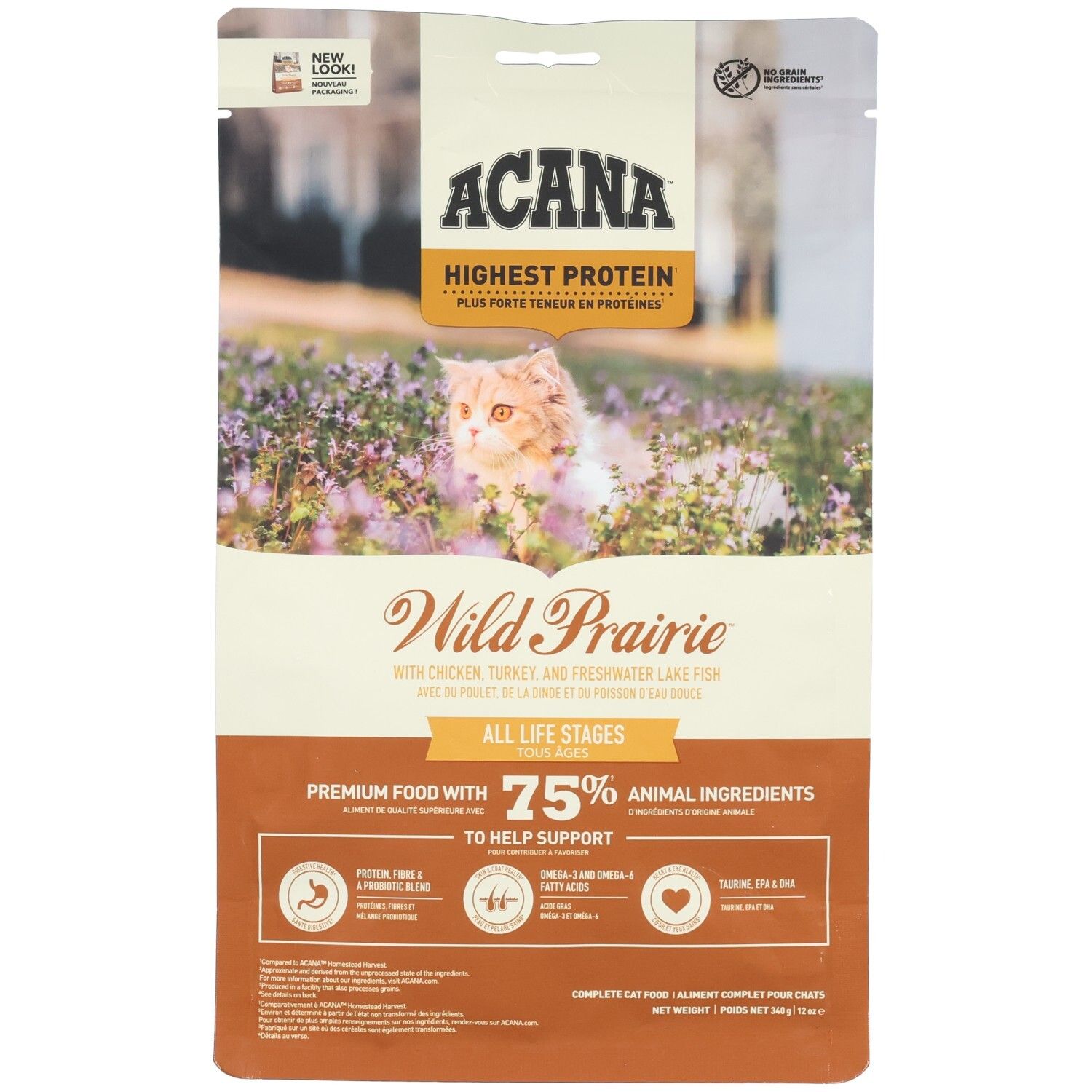 ACANA Wild Prairie nourriture pour chat : sac avec chat dans l'herbe, mention "Highest Protein" et "All Life Stages".