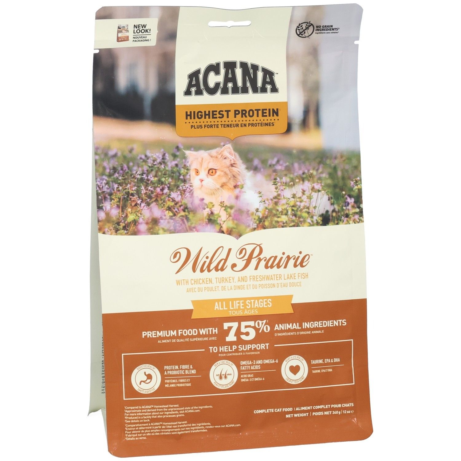 ACANA Wild Prairie nourriture pour chat : sac avec chat dans l'herbe, mention "Highest Protein" et "All Life Stages".