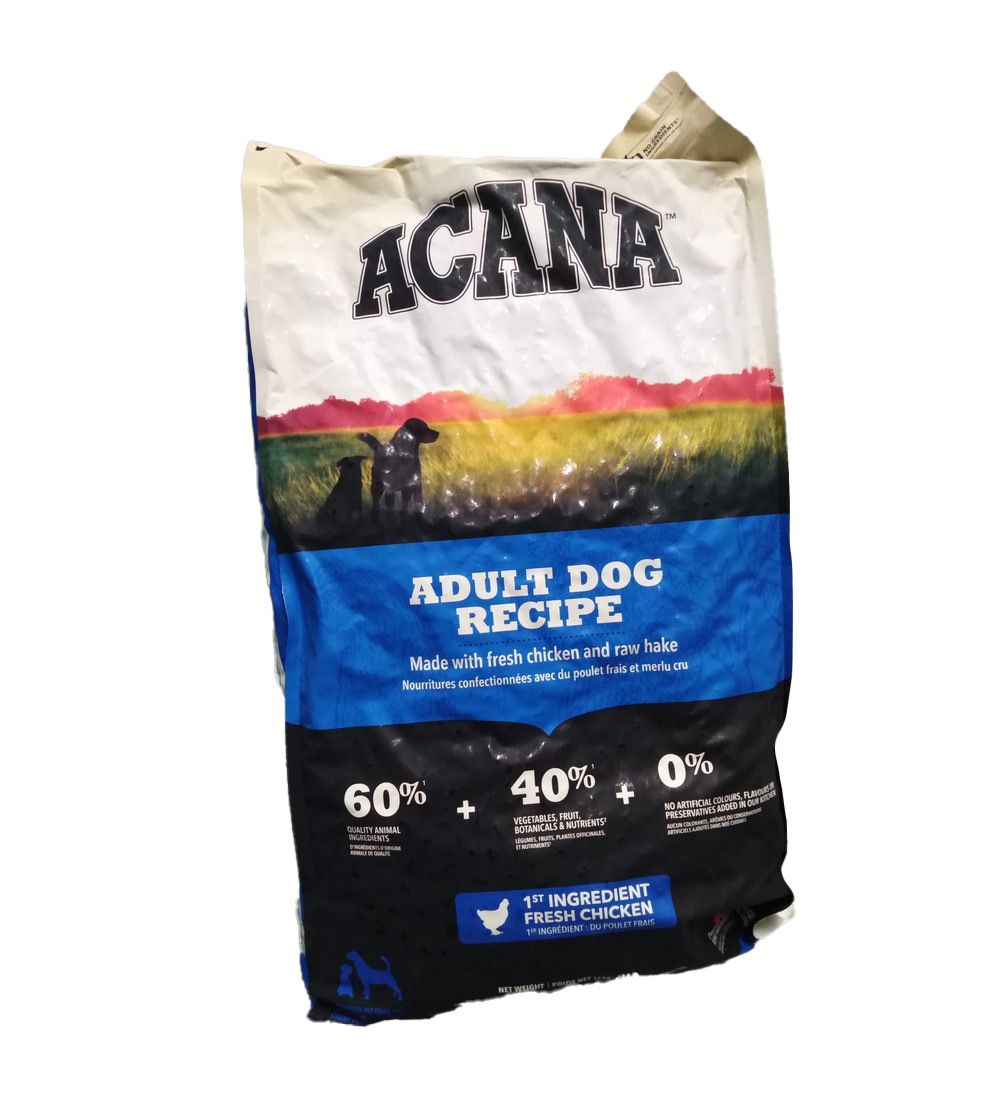 Sac de nourriture pour chiens ACANA DOG ADULT 17KG. Design bleu et blanc avec informations et logo. Contient 60% + 40% + 0%.