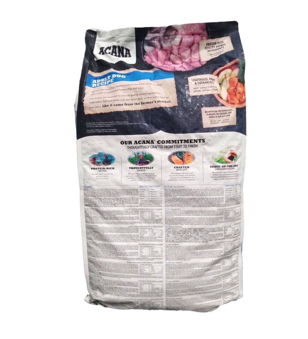Dos du sac ACANA DOG ADULT 17KG. Contient des informations sur le produit, des ingrédients et un logo. Avec illustrations.