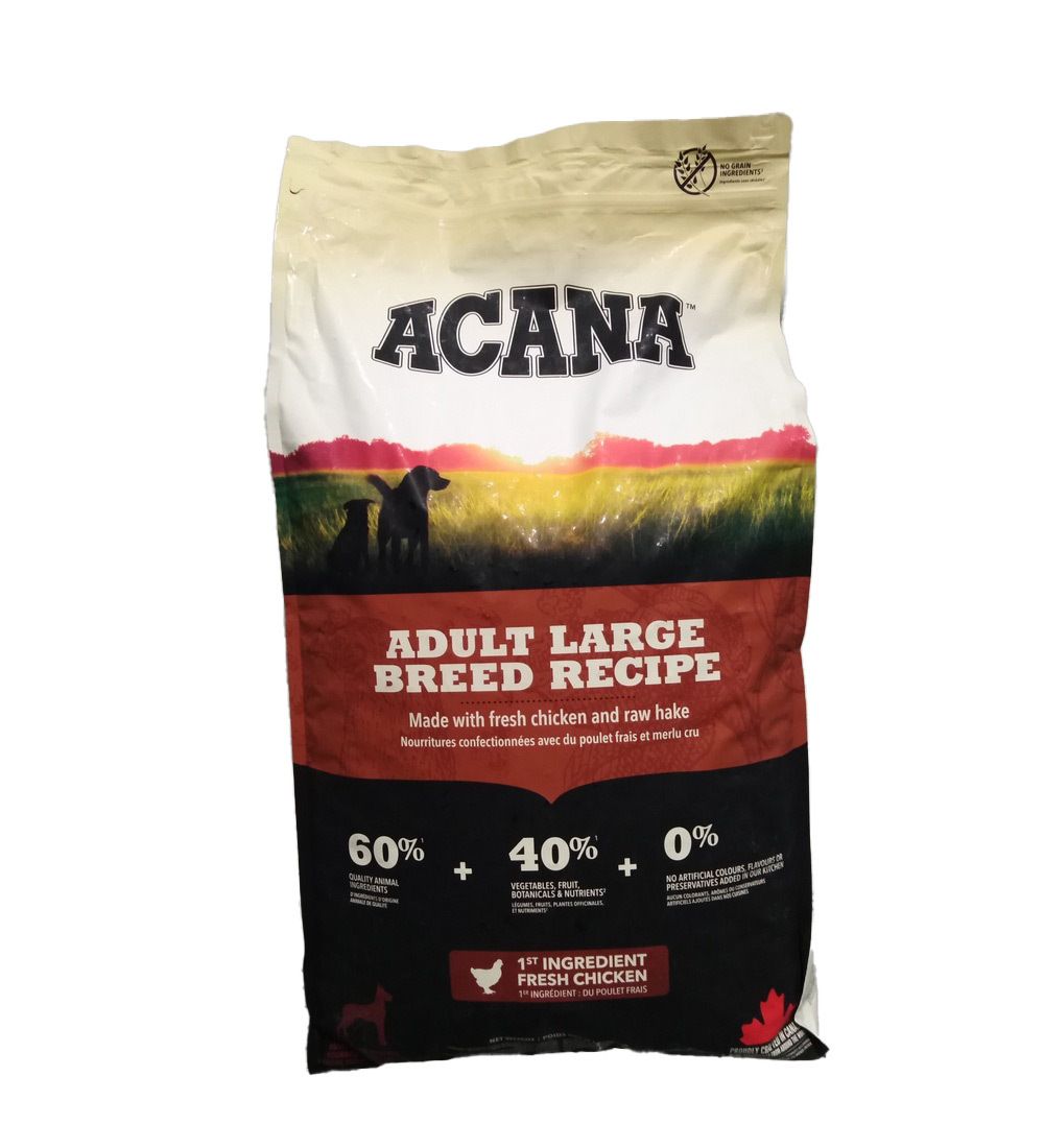 Sac de nourriture pour chiens ACANA ADULT LARGE BREED. Contient 60% d'ingrédients animaux, 40% de légumes et fruits, 0% de céréales.