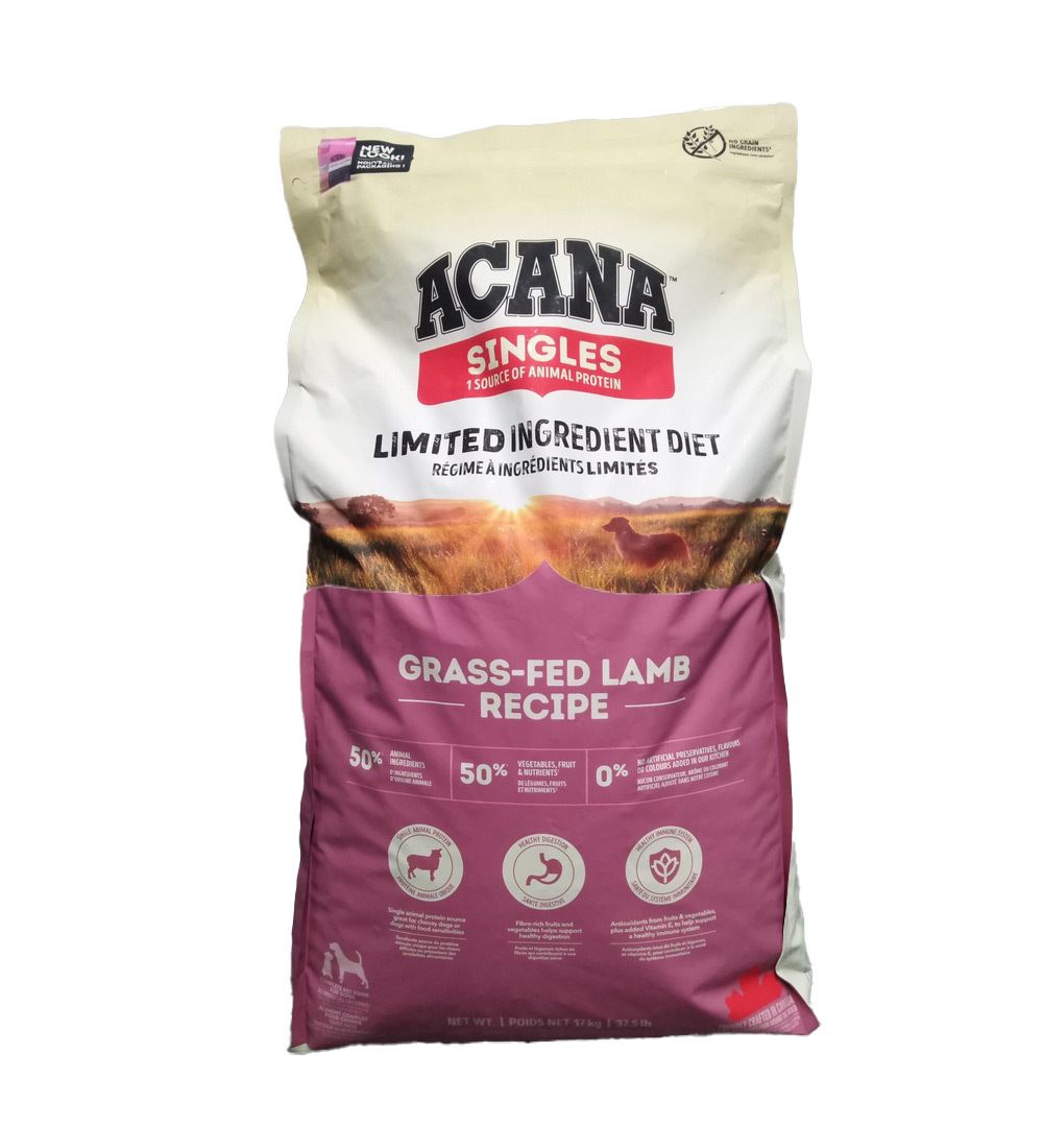 Sac de nourriture pour chiens ACANA Singles Grass-Fed Lamb. Ingrédients limités. Contient 50% d'agneau, 50% de légumes, 0% de céréales.