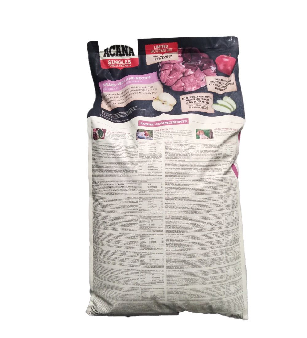 Dos du sac de nourriture pour chiens ACANA Singles Grass-Fed Lamb. Informations sur les ingrédients, la valeur nutritionnelle et le fabricant.